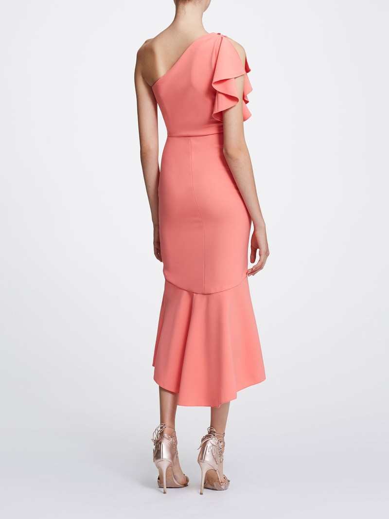Marchesa ONE SHOULDER RUFFLE SLEEVE TEA LENGTH MIDI GOWN outlook