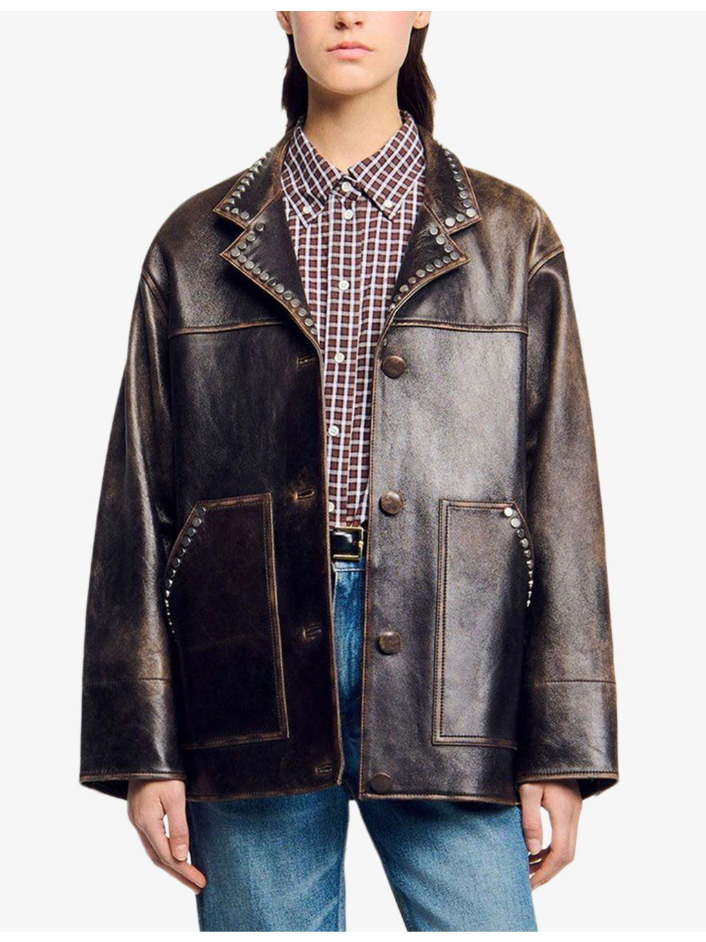 Oversized Stud-Embellished Leather Jacket - 3