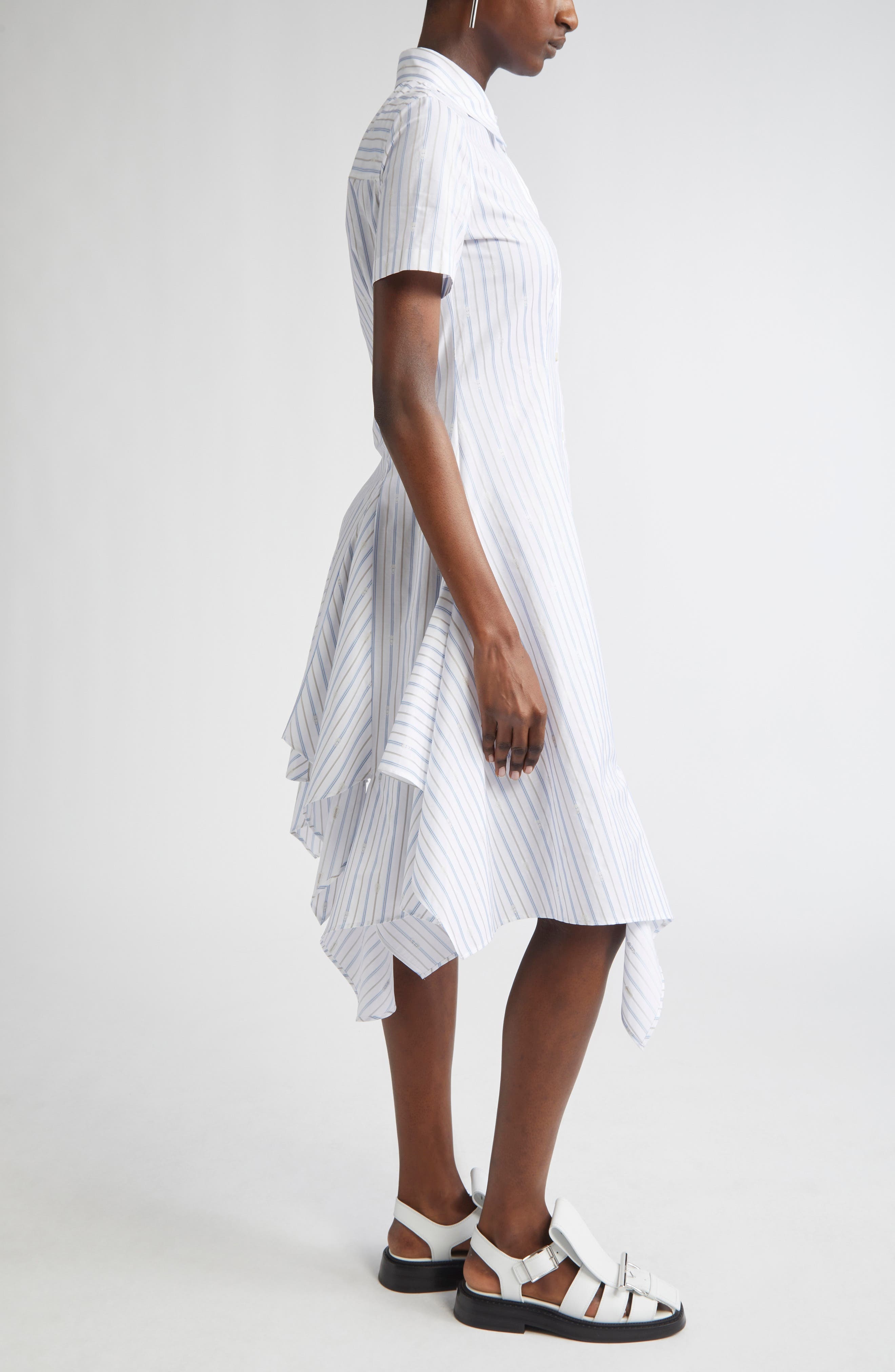McQueen Day Stripe Skull Asymmetric Handkerchief Hem Cotton Shirtdress in White-Blue-Grey at Nordstr - 3