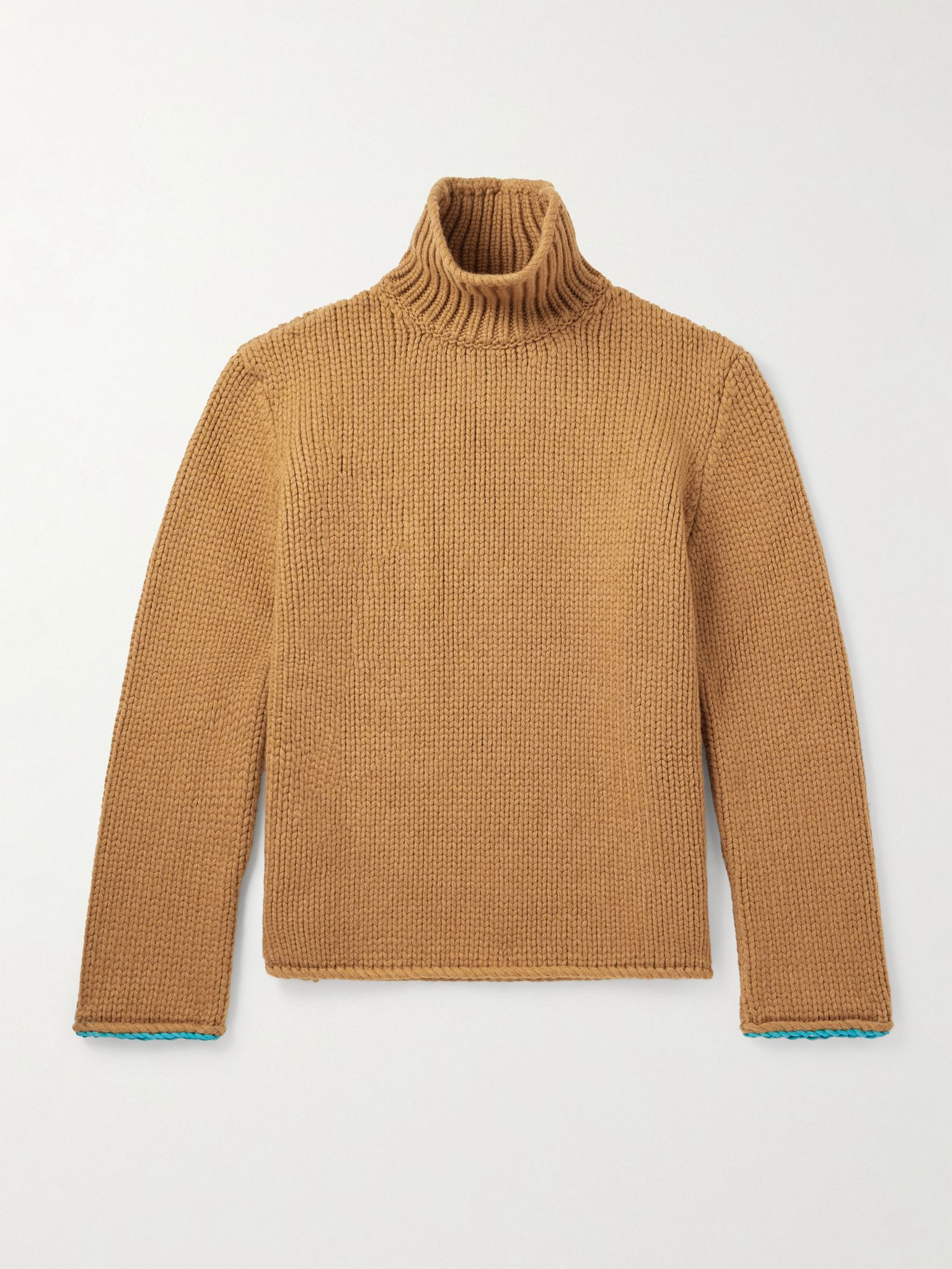 Suede-Trimmed Wool Rollneck Sweater Tan - 1