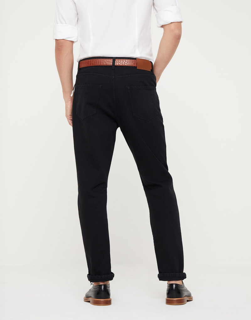 Brunello Cucinelli Garment-dyed slubbed denim leisure fit five-pocket trousers with rips outlook