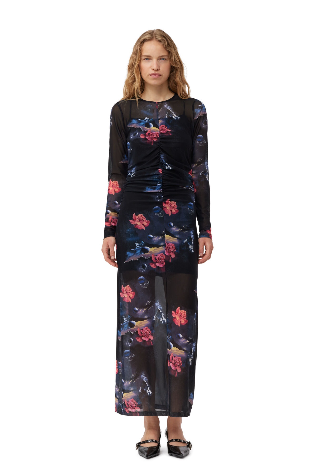 PRINTED MESH O-NECK RUCHED LONG DRESS - 2