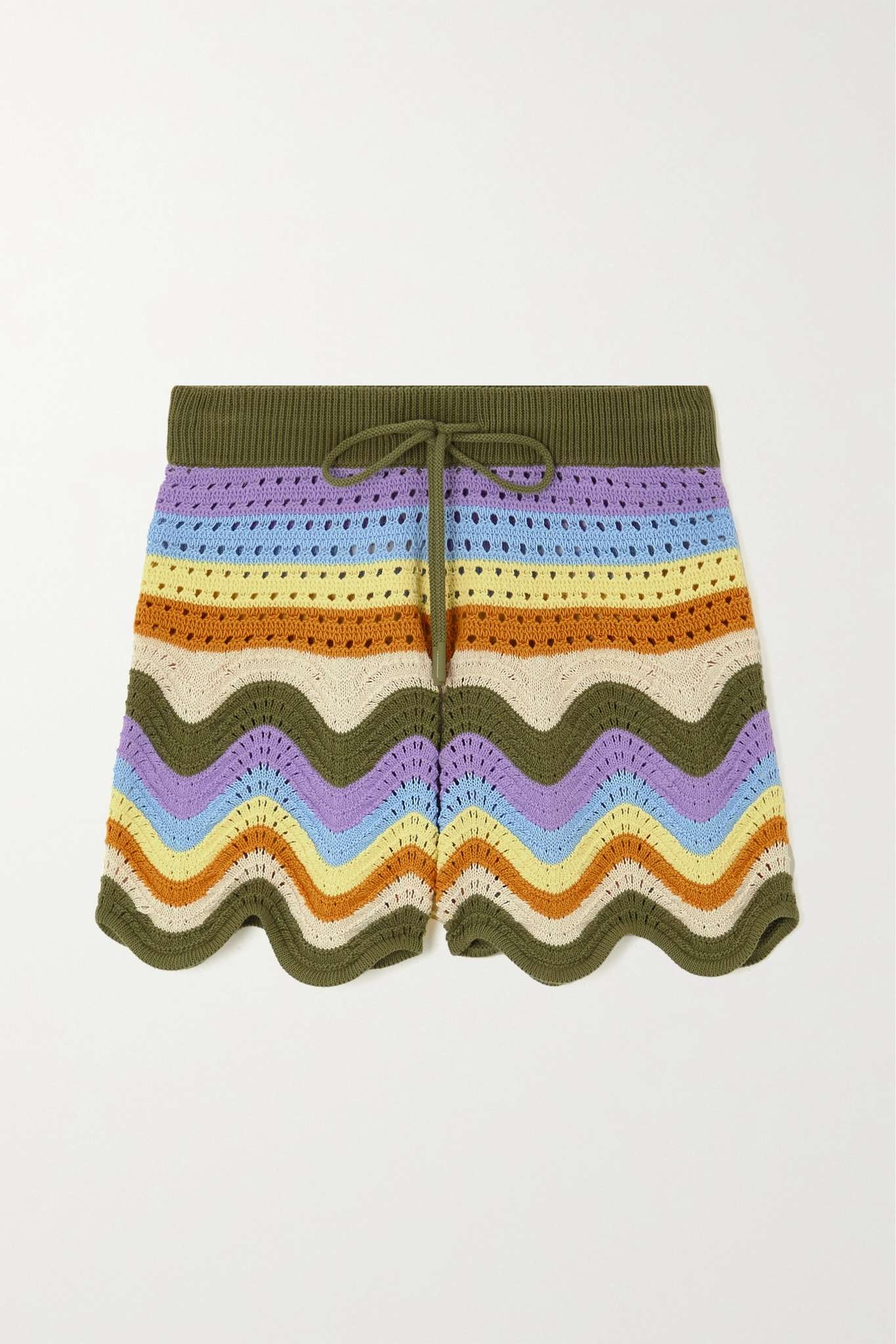 Scalloped striped crochet-knit cotton shorts - 1