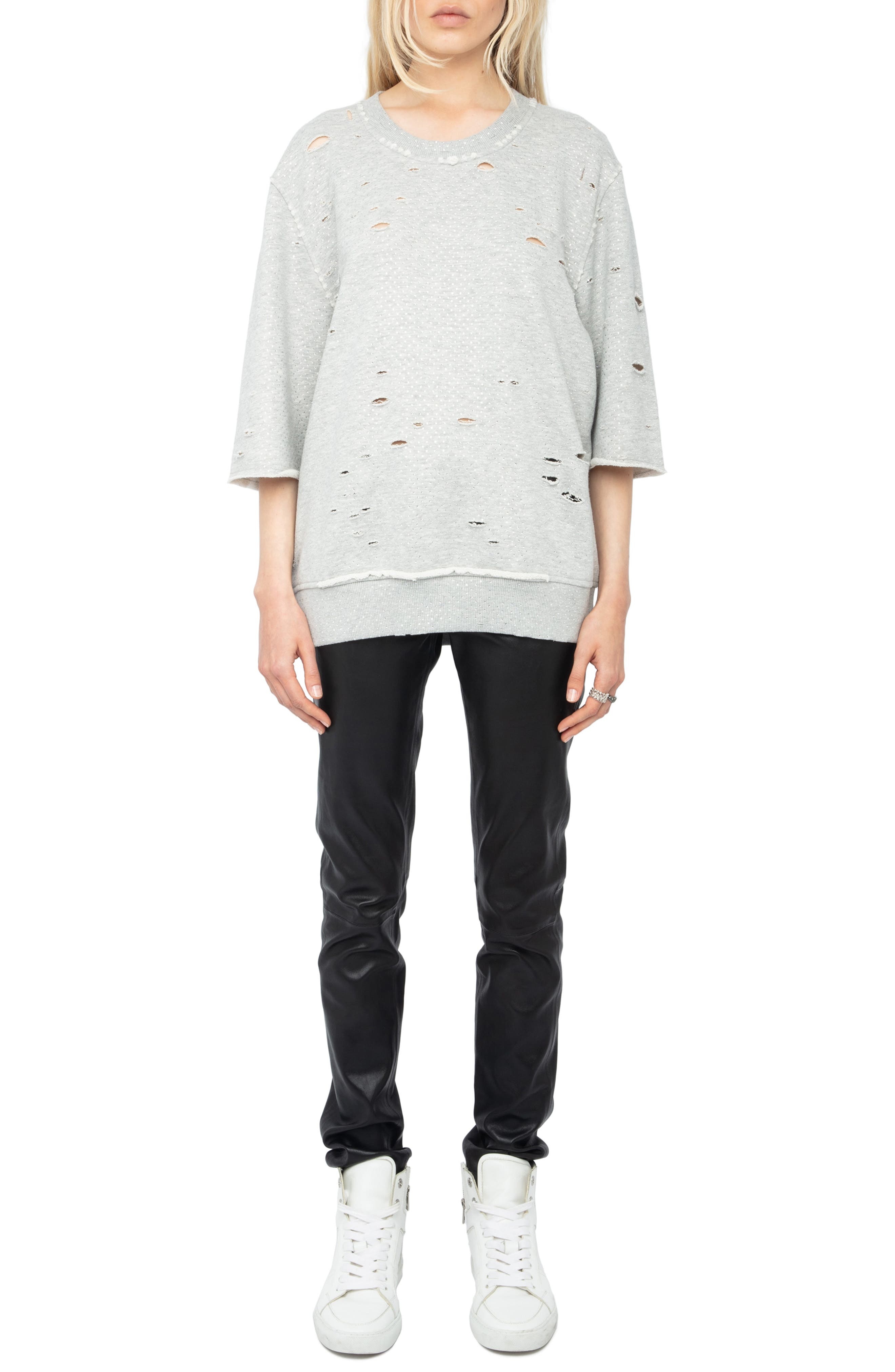Zadig & Voltaire Edmond Rhinestone Destroyed Sweatshirt in Gris Chine at Nordstrom - 6