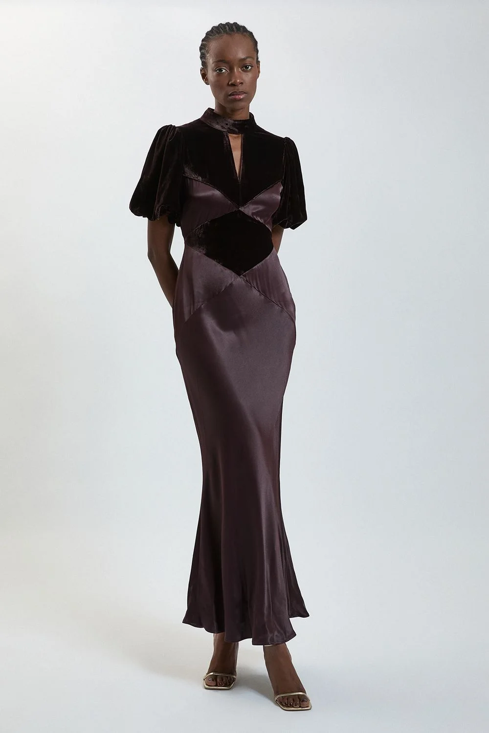 Velvet Insert Viscose Satin Midi Dress - 1