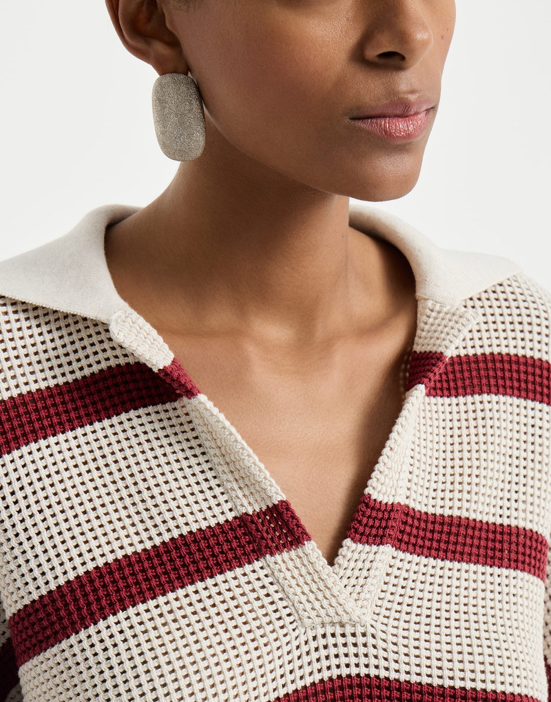 Cotton striped net knit polo shirt 4