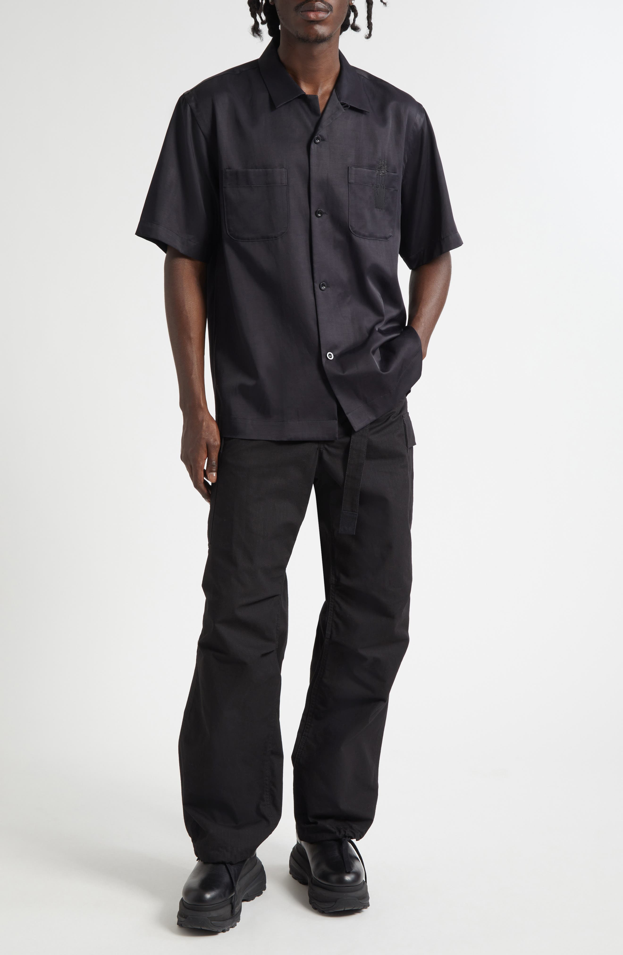 Sacai Where the Wild Things Are Embroidered Satin Camp Shirt in Black at Nordstrom - 2