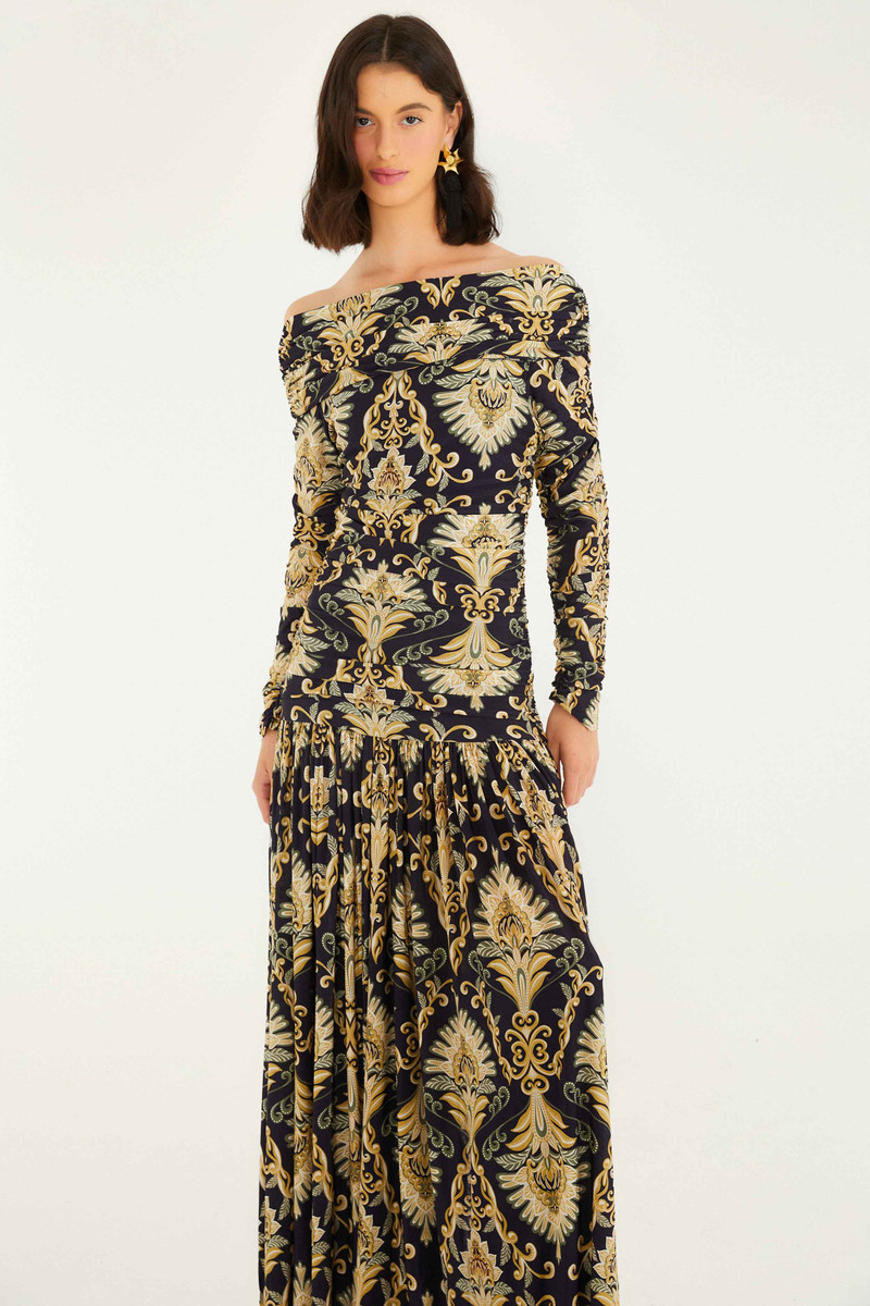 FARM RIO Navy Blue Wonderful Arabesque Off-Shoulder Maxi Dress outlook