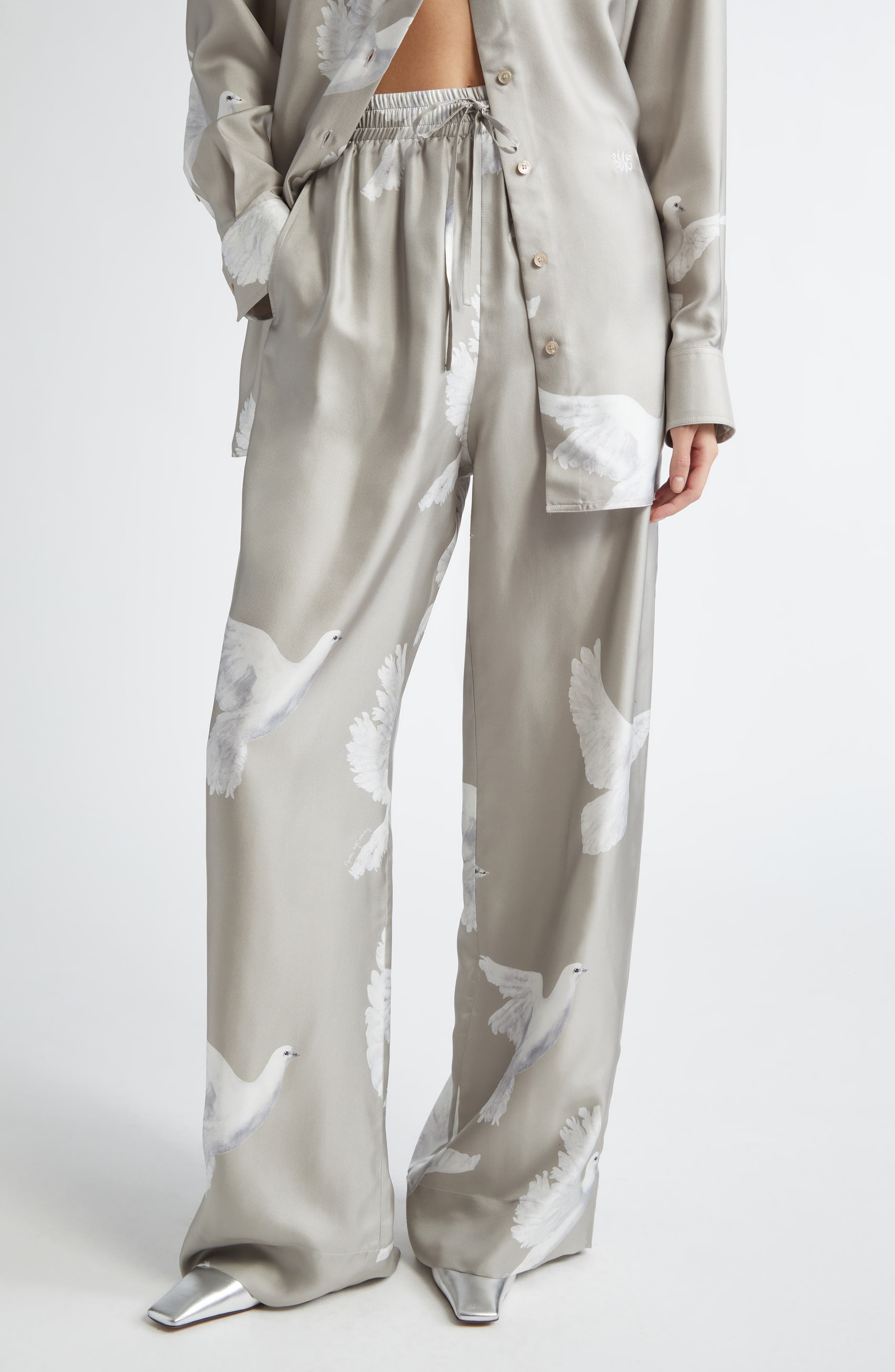 Stella McCartney Birds Print Silk Satin Pants in Mud at Nordstrom - 1
