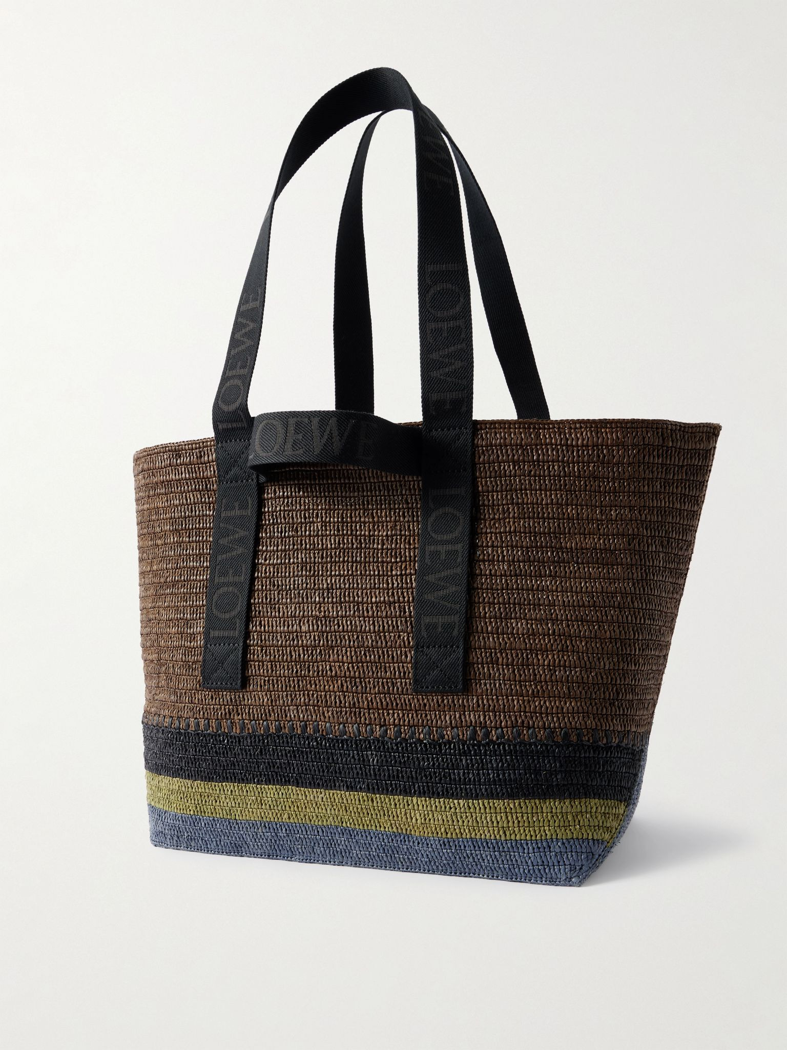 Fold Webbing-Trimmed Striped Raffia Tote Bag Brown - 3