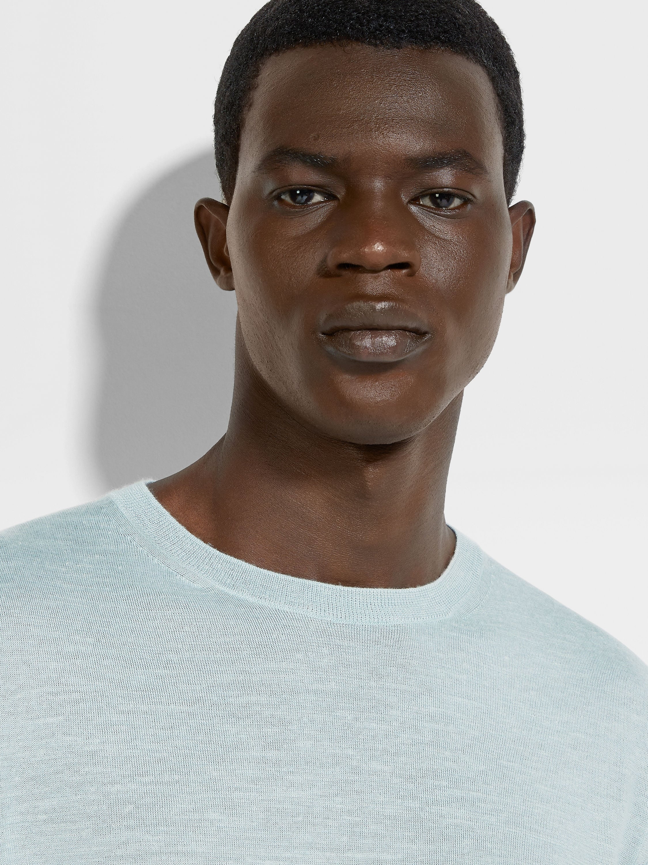 LIGHT BLUE MÉLANGE SILK CASHMERE AND LINEN CREWNECK - 2