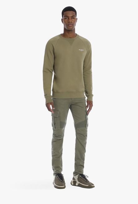 Olive sustainable cotton sweatshirt with small white velvet Balmain Paris logo - 2
