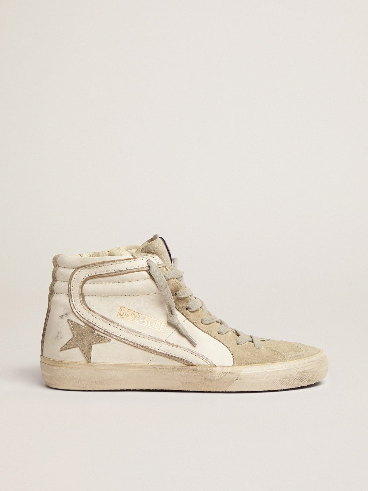 Slide sneakers with ice-gray suede star and white leather flash - 1