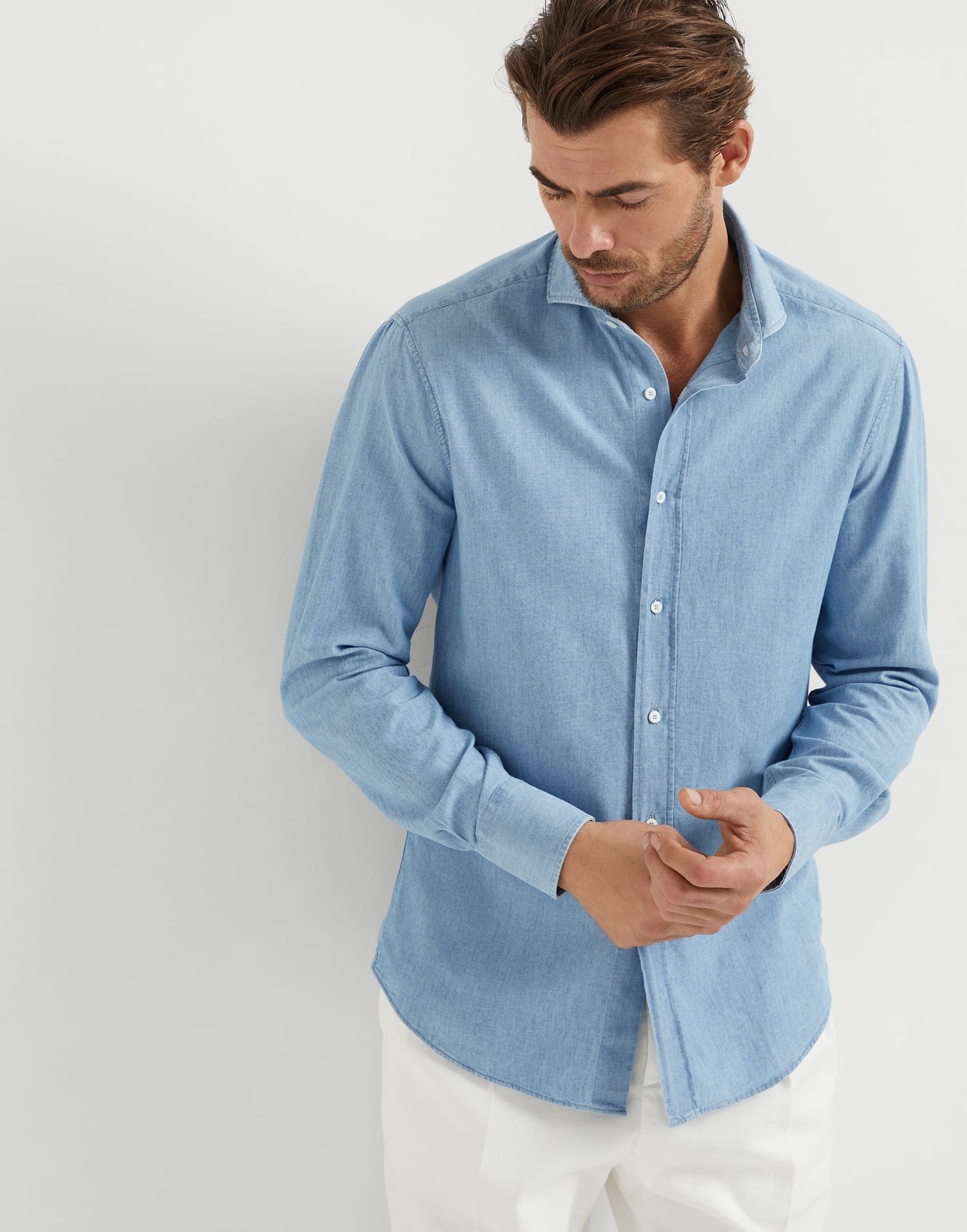 Denim-effect chambray slim fit shirt with spread collar - 1
