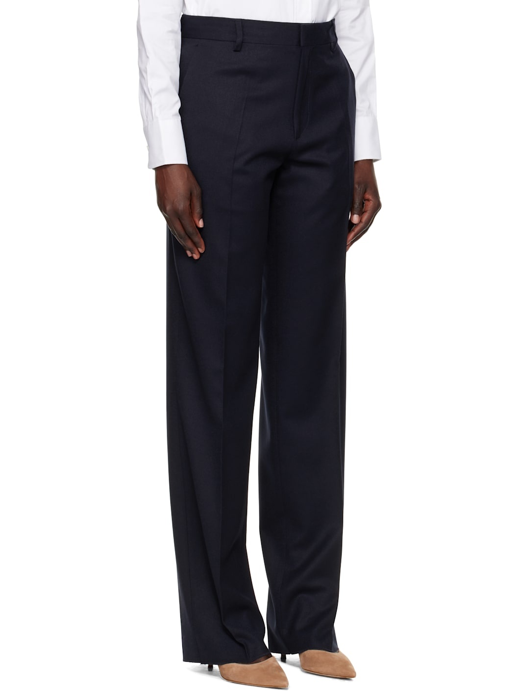 Navy Wool Straight Leg Trousers - 2