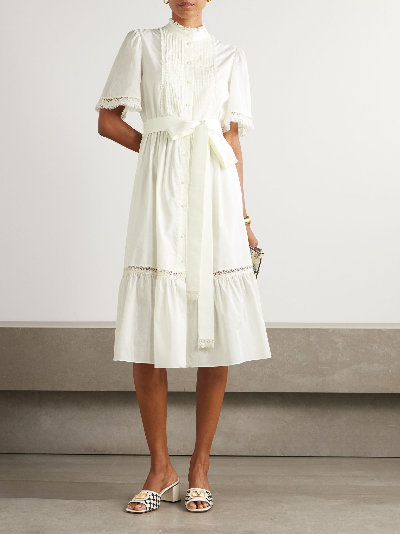 Belted lace-trimmed pintucked cotton-poplin midi dress White - 2