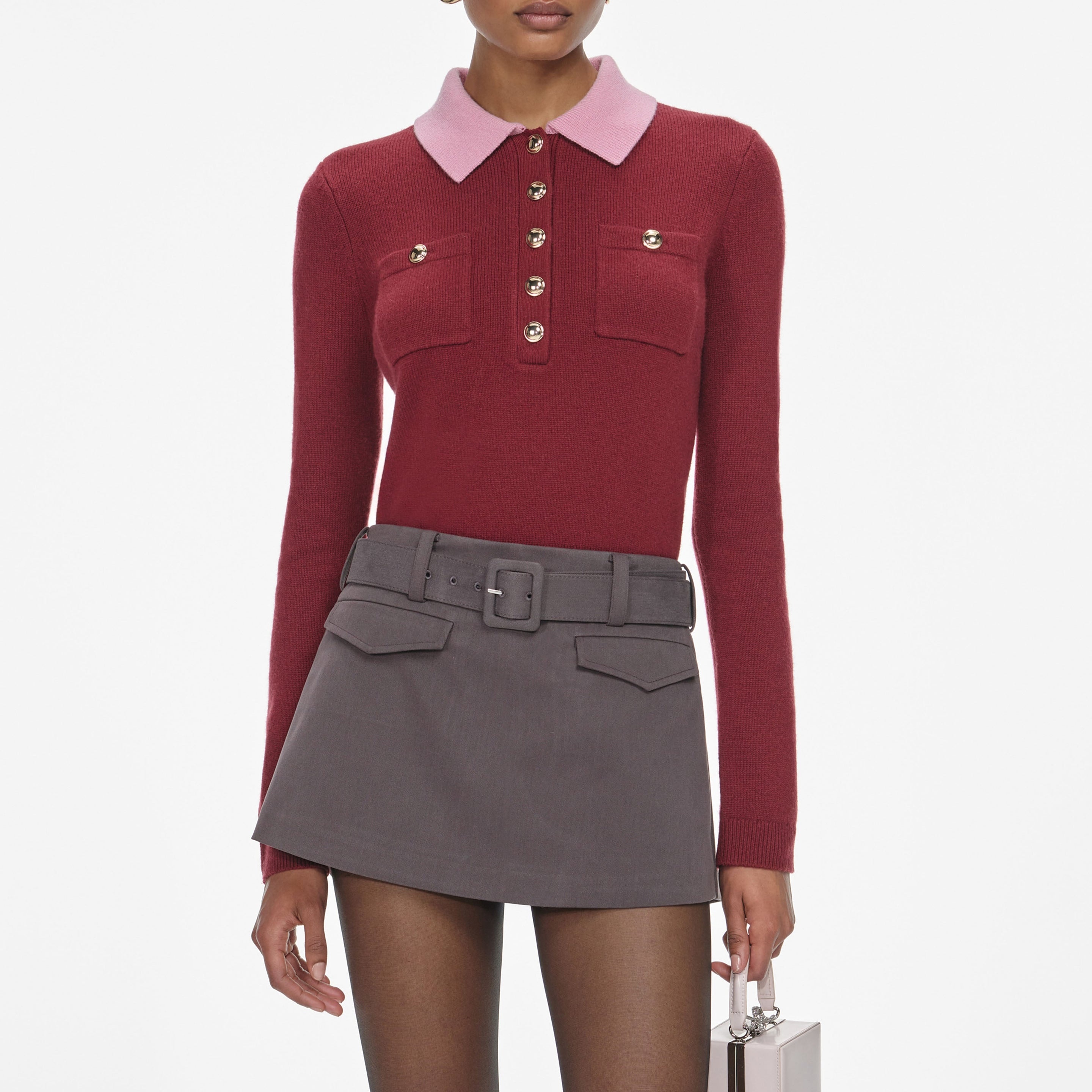 Burgundy Pink Contrast Collar Knit Top - 4