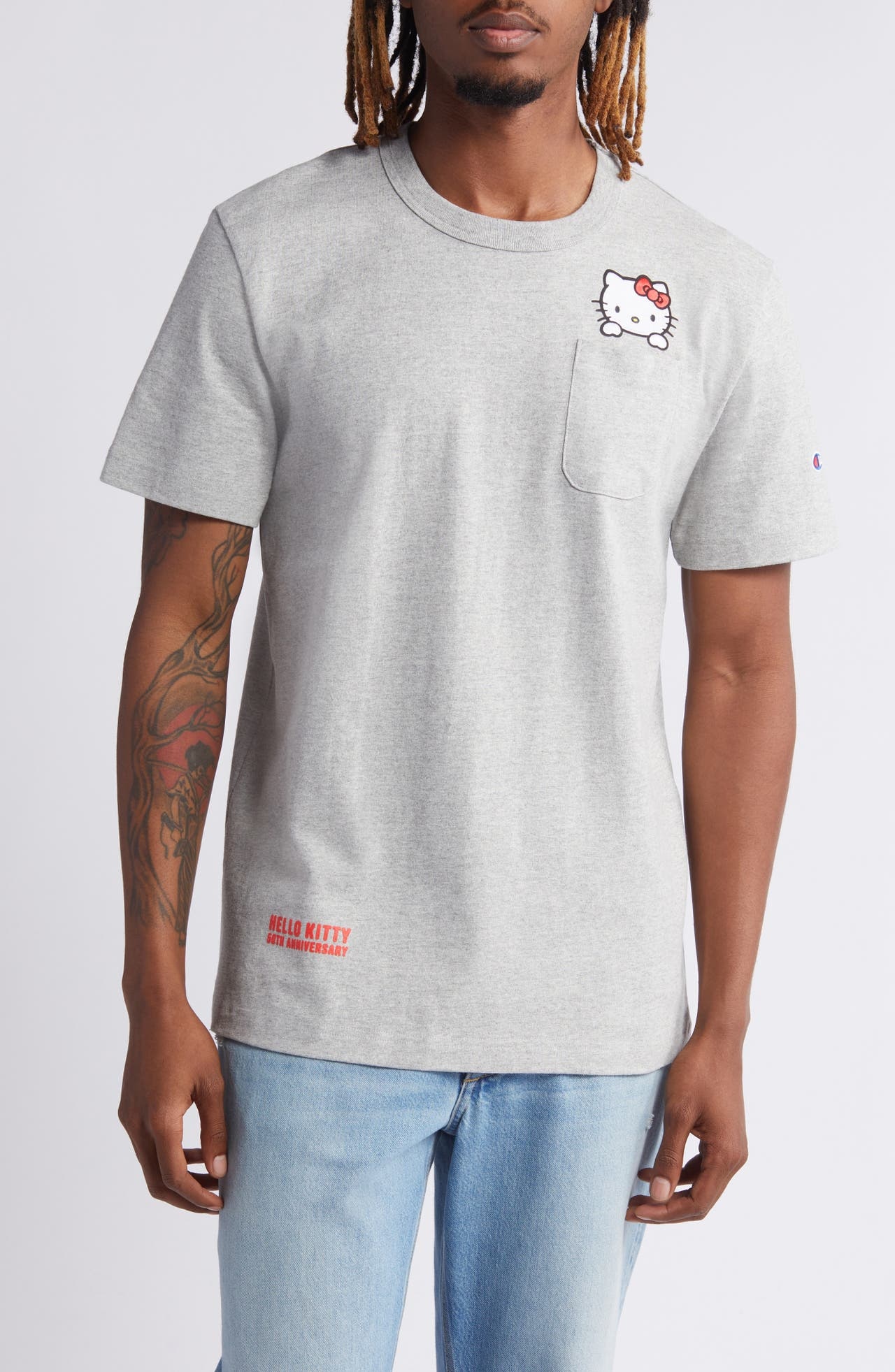 Champion x Sanrio Hello Kitty® 50th Anniversary Embroidered Pocket T-Shirt in Oxford Grey at Nordstr - 1