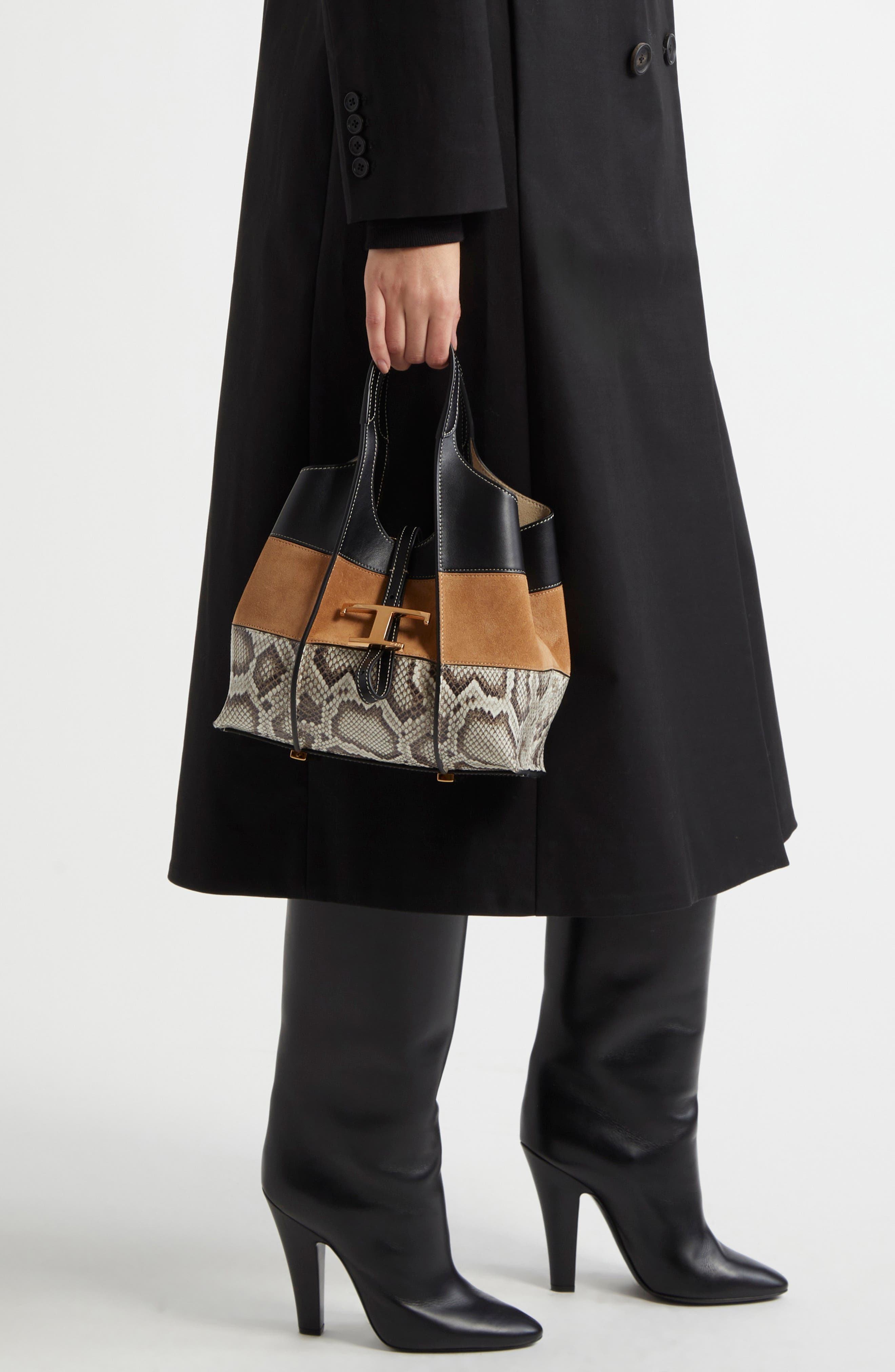 Tod's Mini T Timeless Shopping Bag Leather & Suede Tote in Nero/Kenia/Roccia at Nordstrom - 3