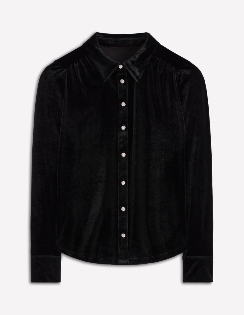 Jewel Button Velvet Shirt-Black 1