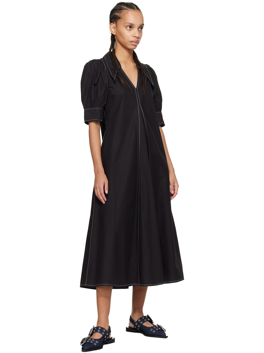 Black Cotton Poplin V-Neck Midi Dress - 4
