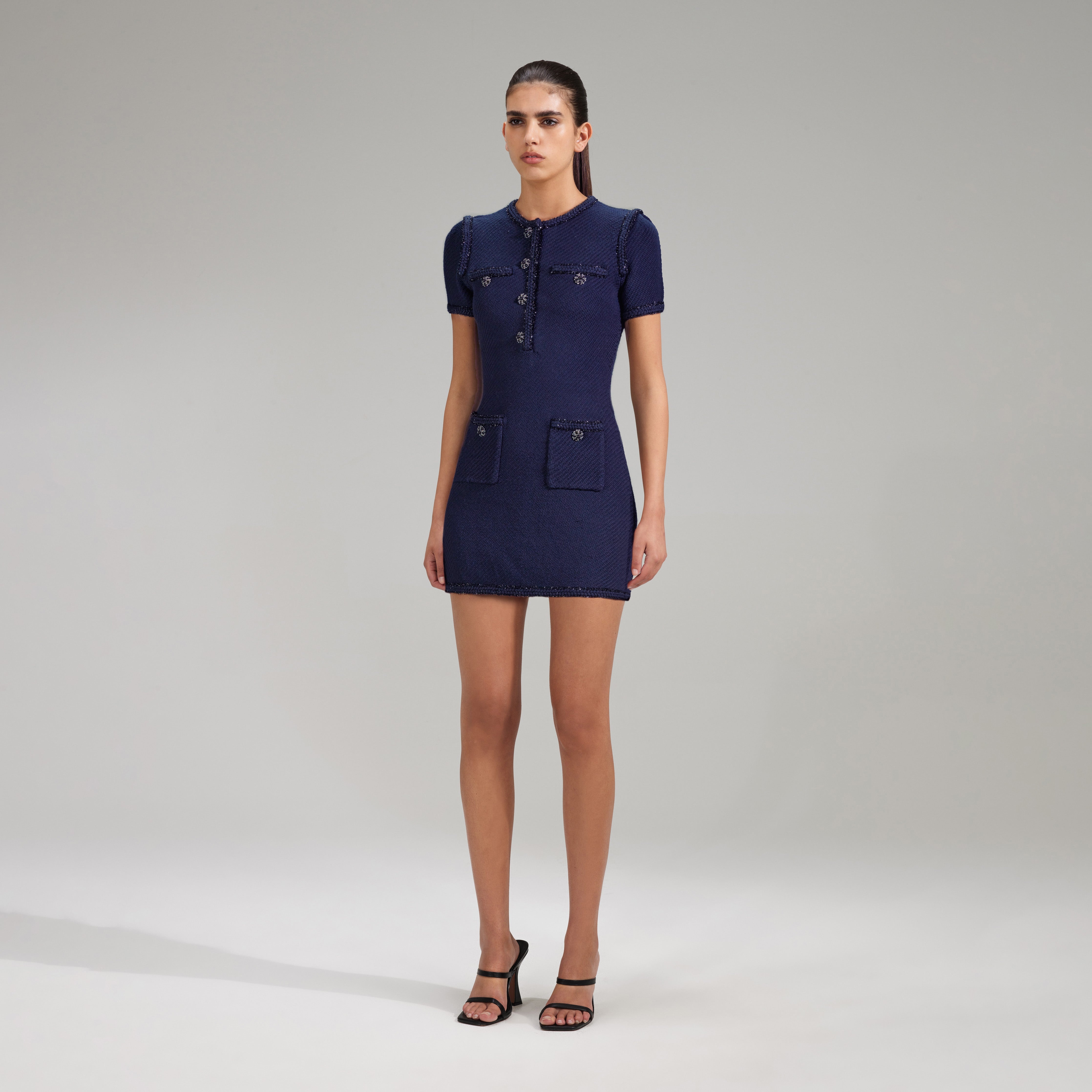 self-portrait Navy Knit Mini Dress - RS23-042S-N | REVERSIBLE