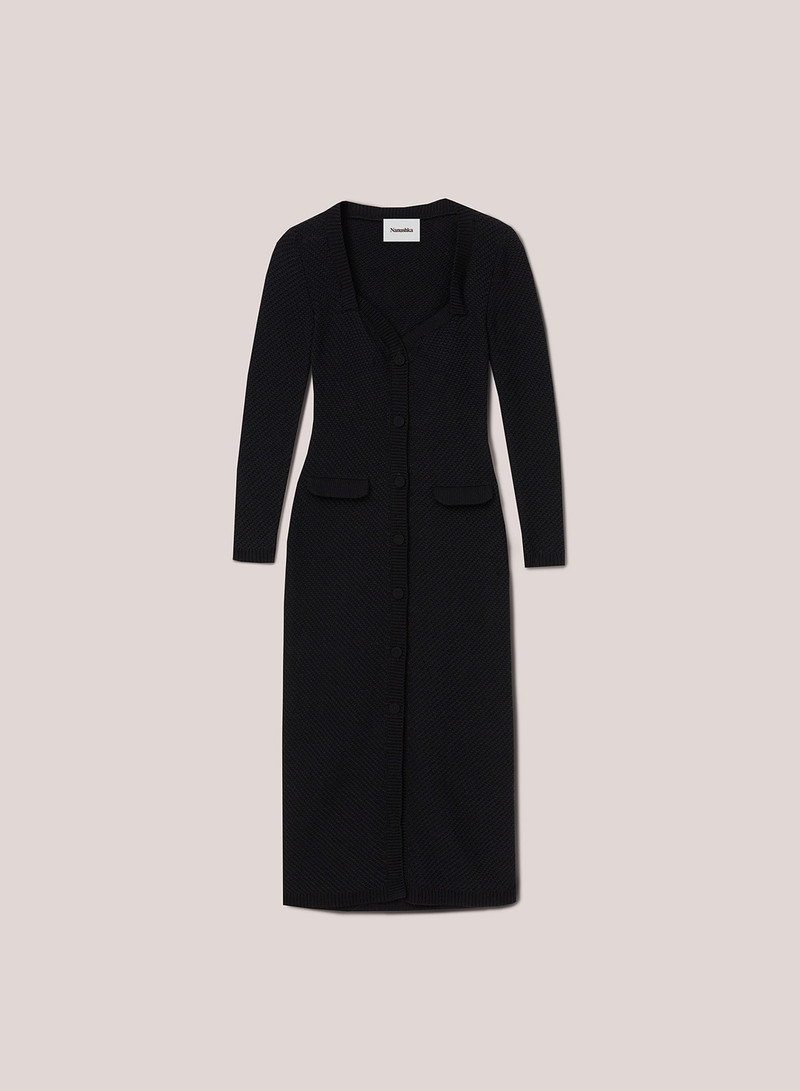 DANA - Cotton-tweed textured sweetheart neck dress - Black - 1