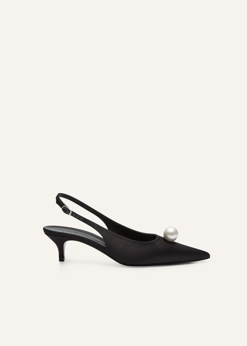 Slingback pearl kitten heels in black satin - 1
