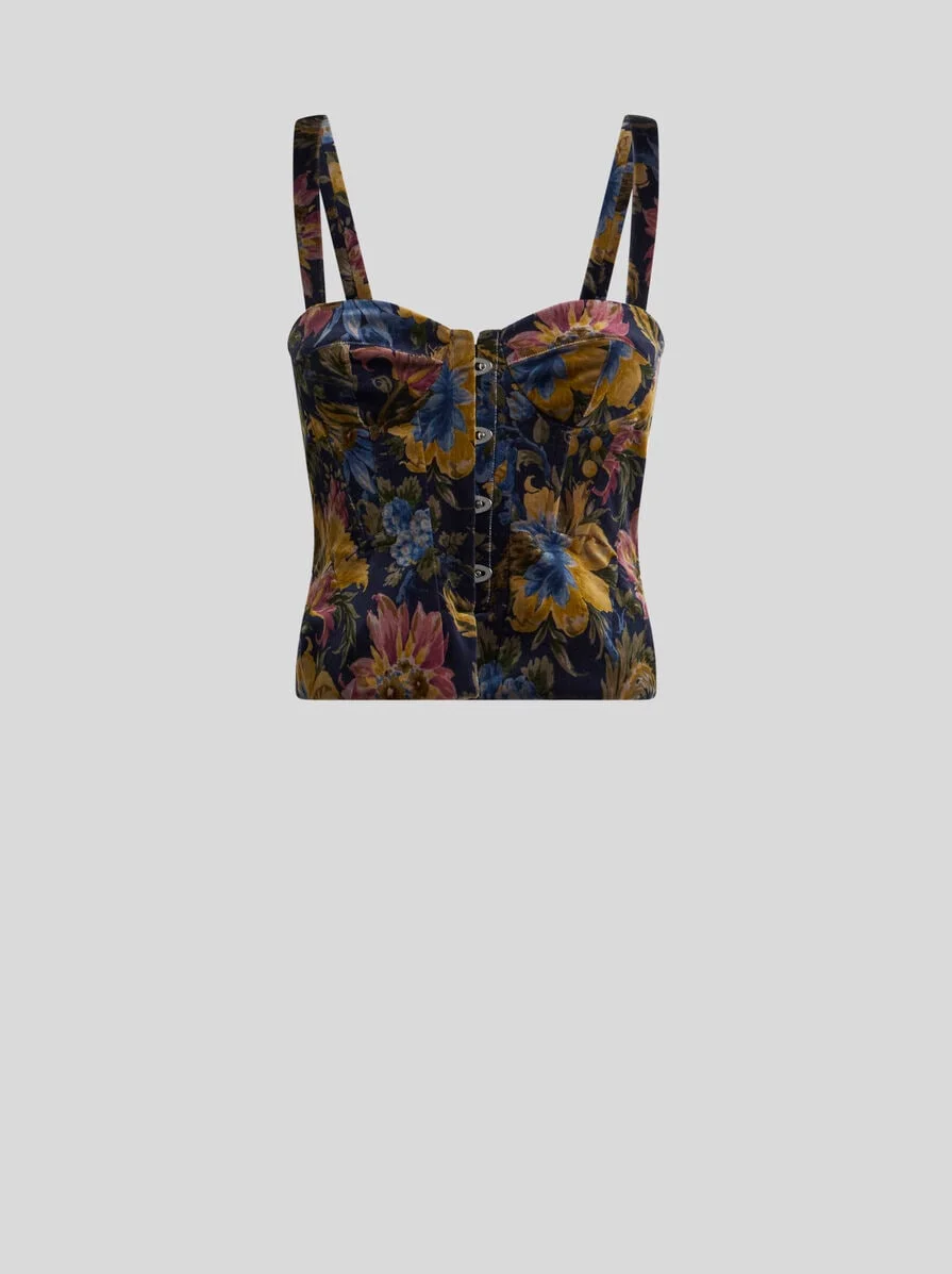COTTON VELVET CORSET TOP WITH FLORAL OVERPRINT - 1