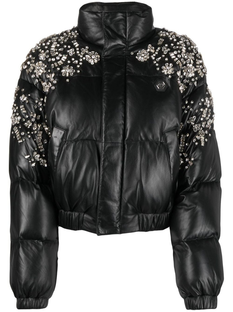 crystal-embellished leather puffer jacket 1