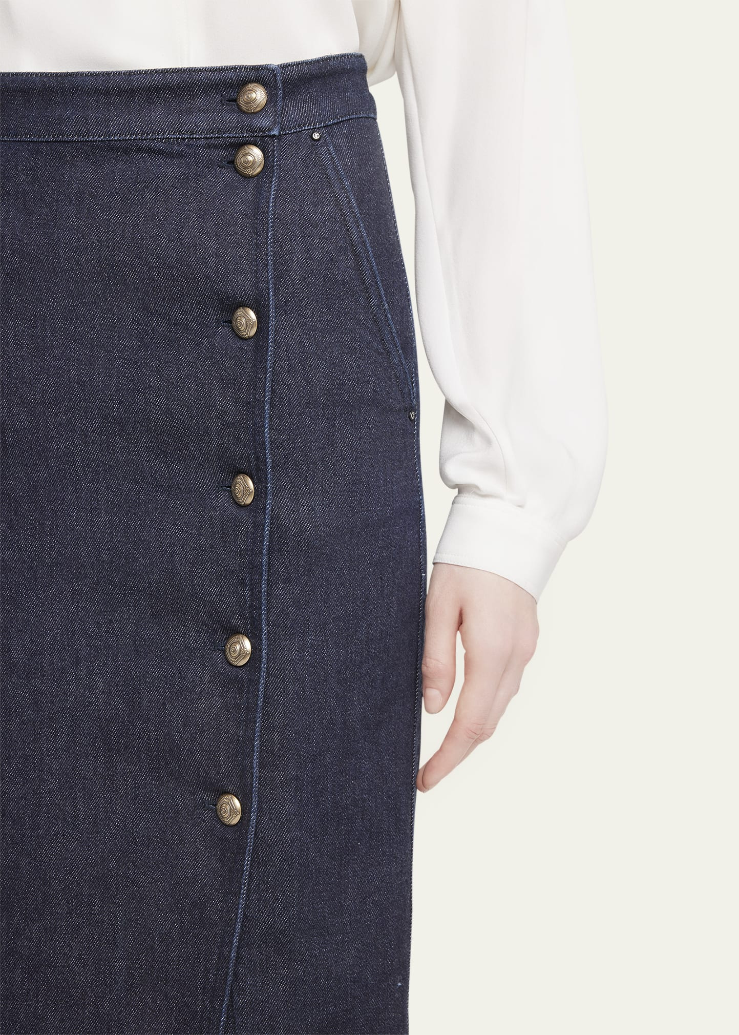 Cotton-Cashmere Denim Button Midi Skirt - 5