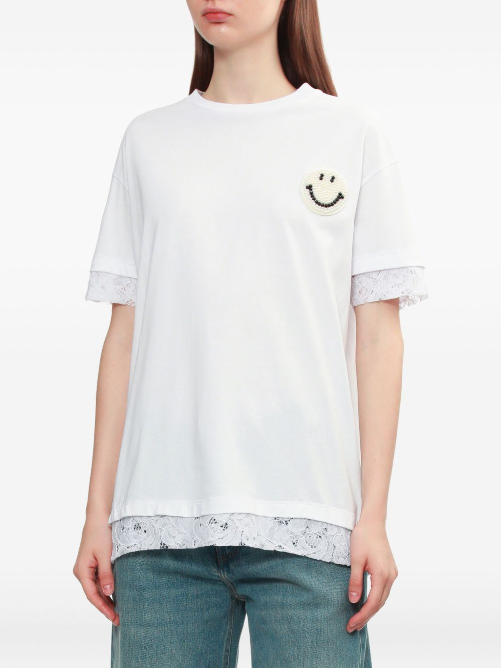lace-trimmed smiley-face T-shirt - 3