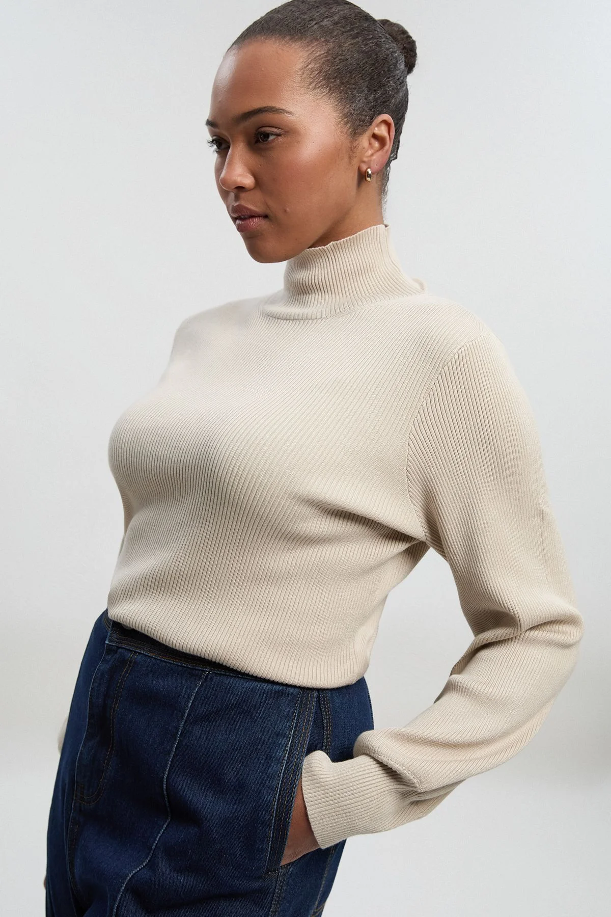 Plus Size Viscose Blend Rib Knitted Funnel Jumper - 1