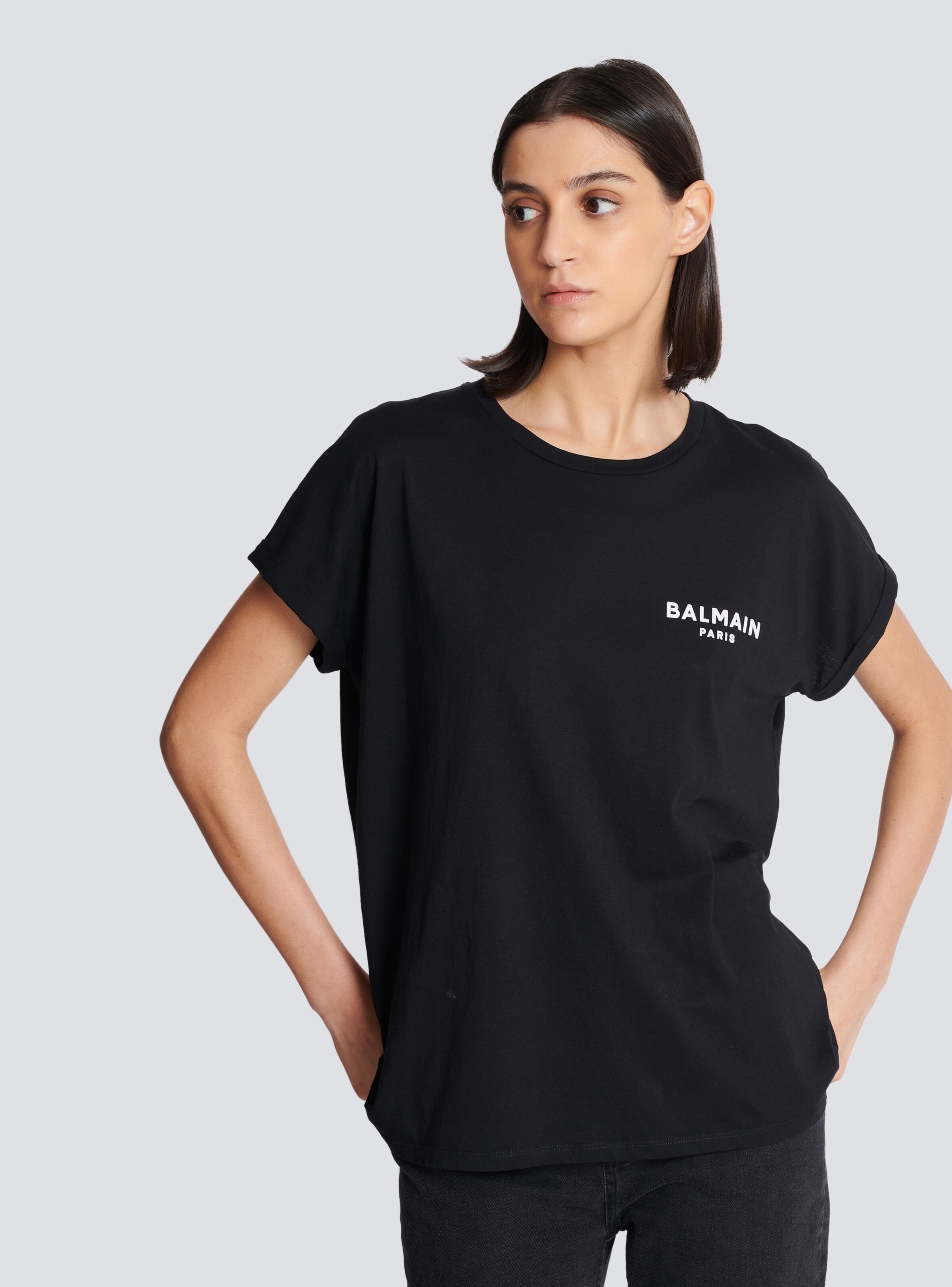【関税＆送料込み】Balmain Flocked Paris T-Shirt Balmain Paris Flocked Logo Straight Fit T-shirt Cotton Shirt
