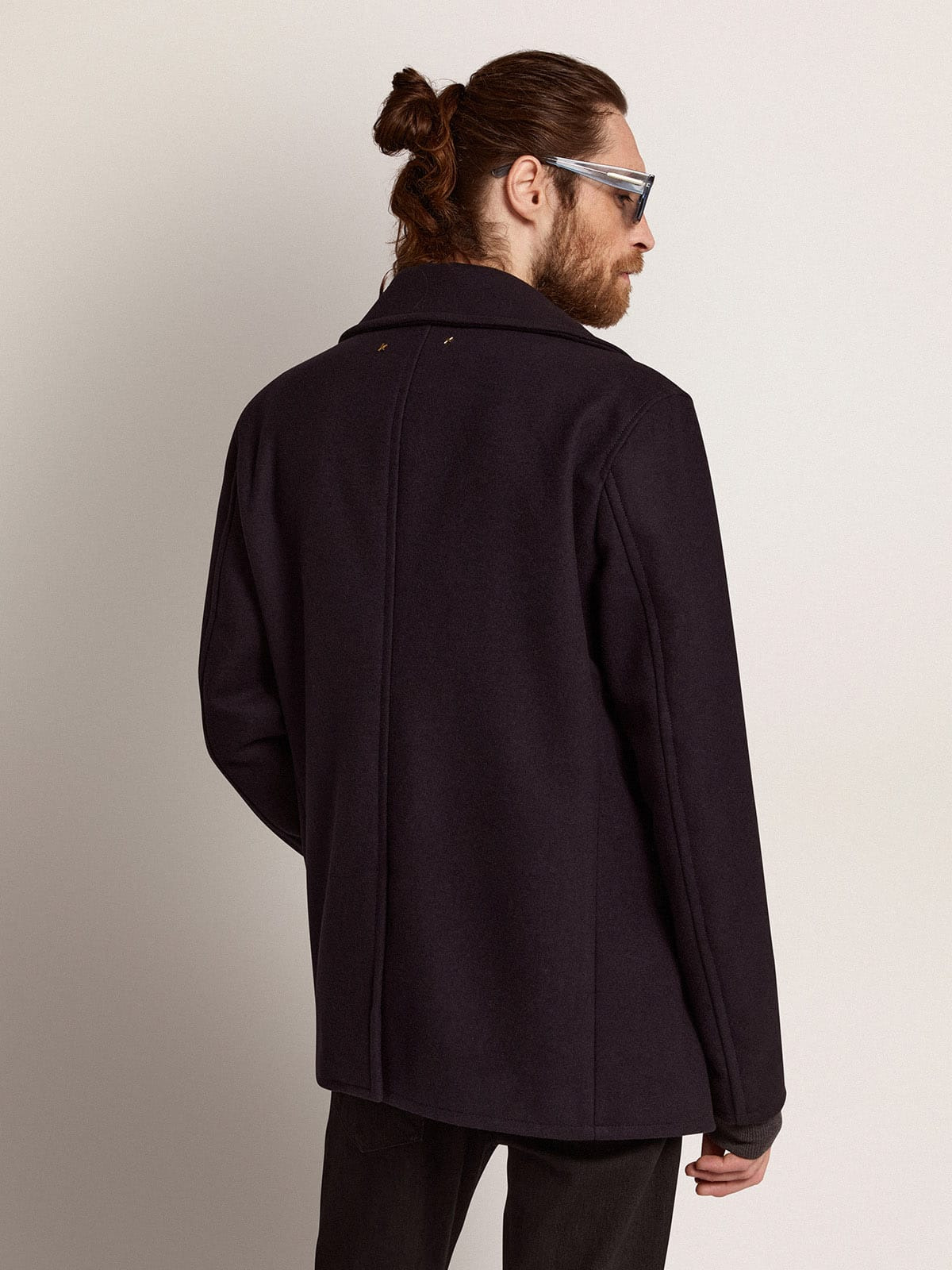 Men's double-breasted coat in dark blue wool with gold buttons - 4