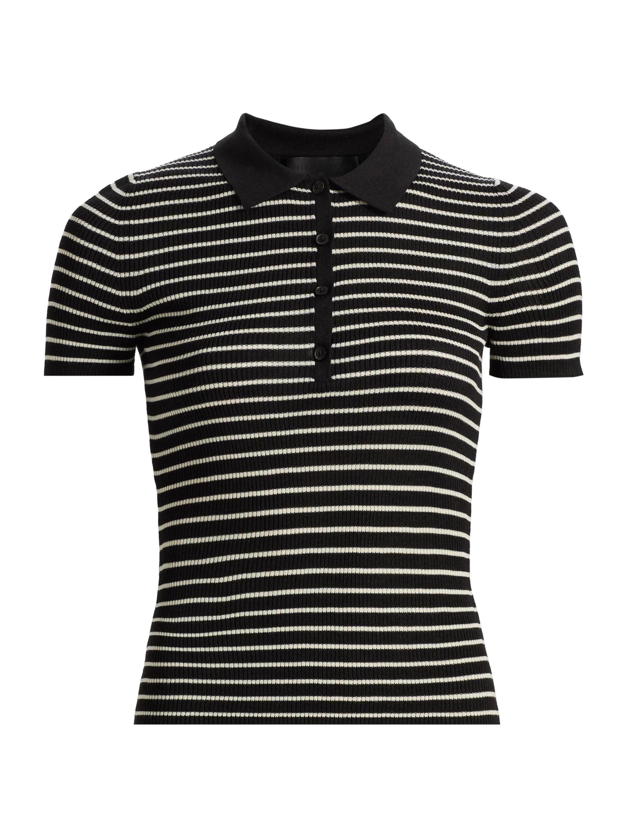 Women's Fenna Striped Silk Polo Shirt - Black Thin Ivory Stripe - 1