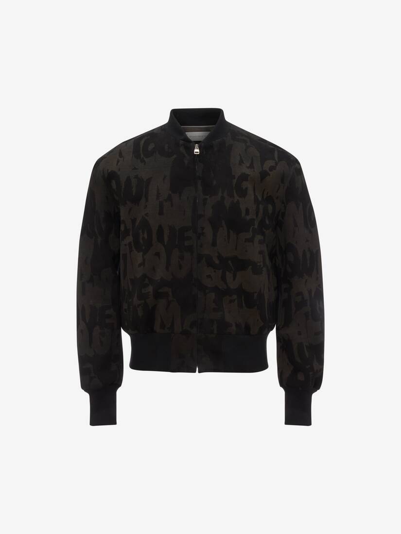 Men's McQueen Graffiti Leather Jacket in Black/dark Grey - 1