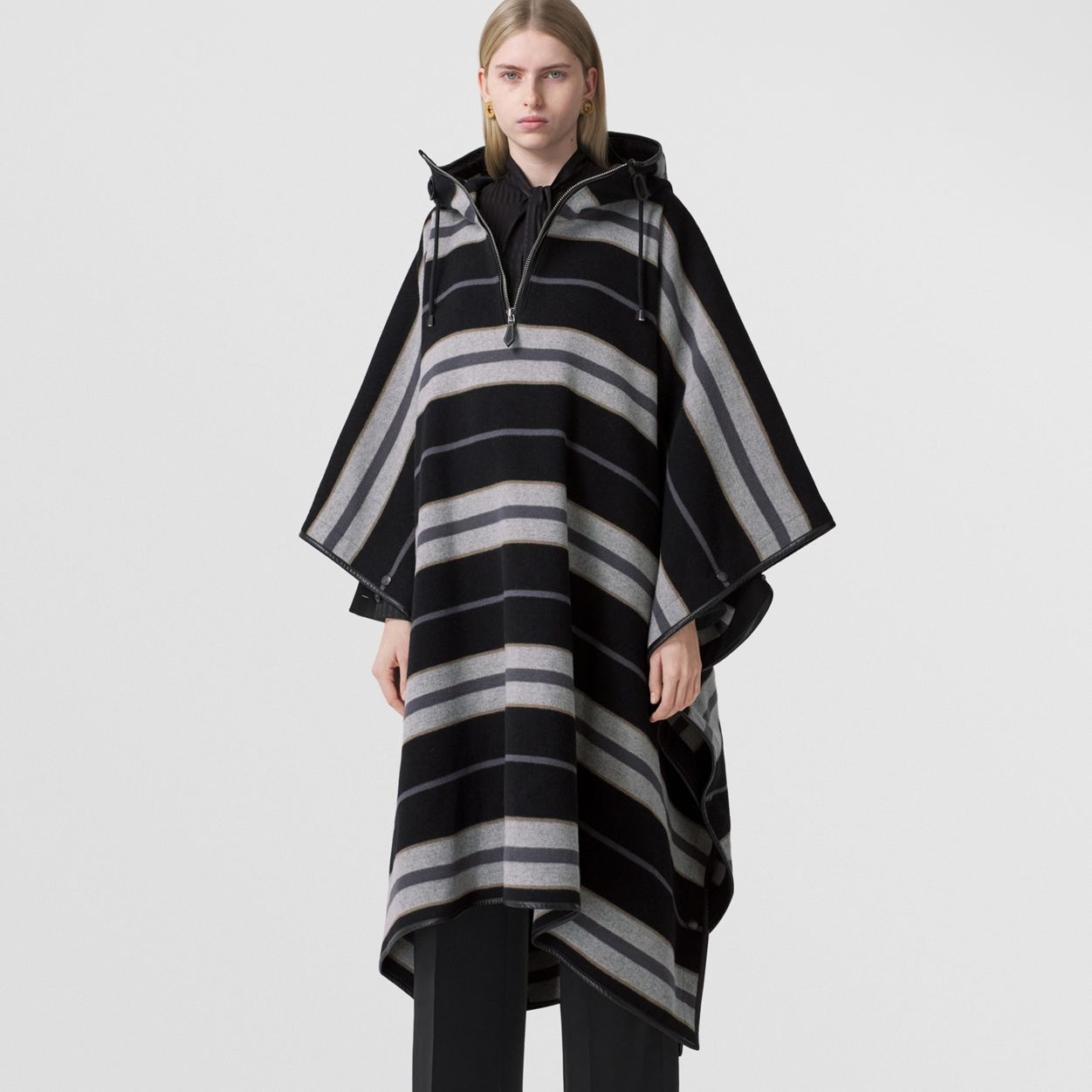 Stripe Wool Oversized Hooded Poncho - 7