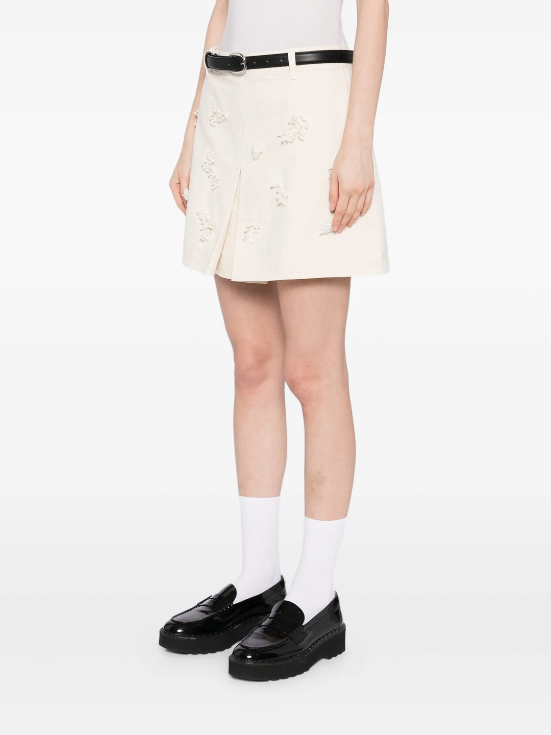 Cream Denim Beaded Floral Mini Skirt - 3