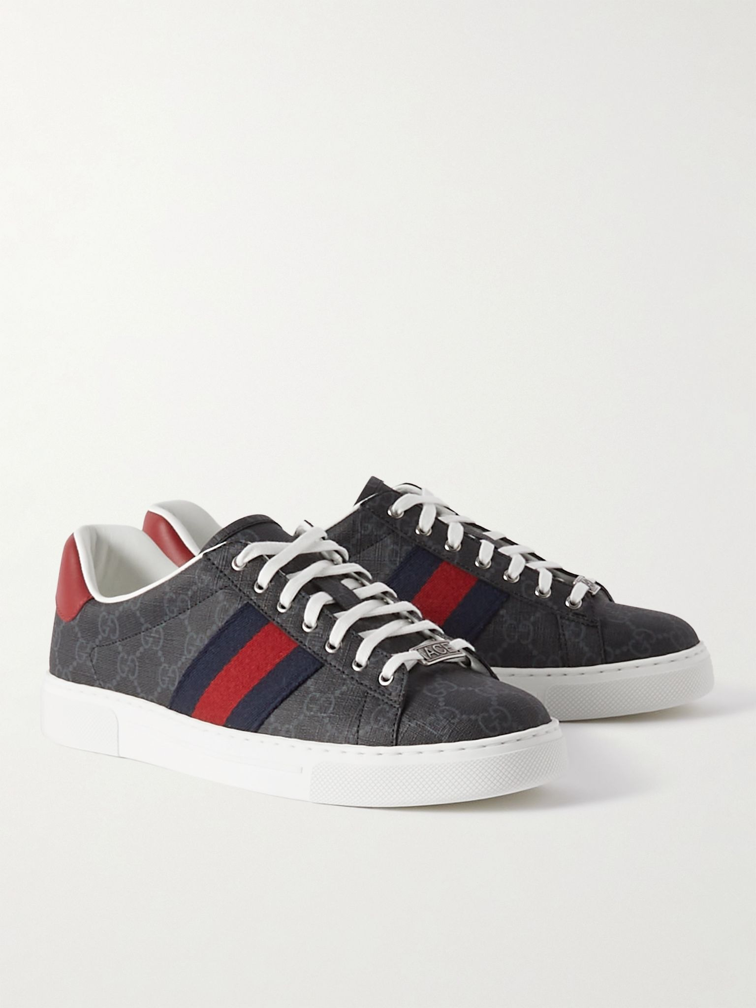 Ace Leather and Webbing-Trimmed Monogrammed Supreme Coated-Canvas Sneakers Black - 4