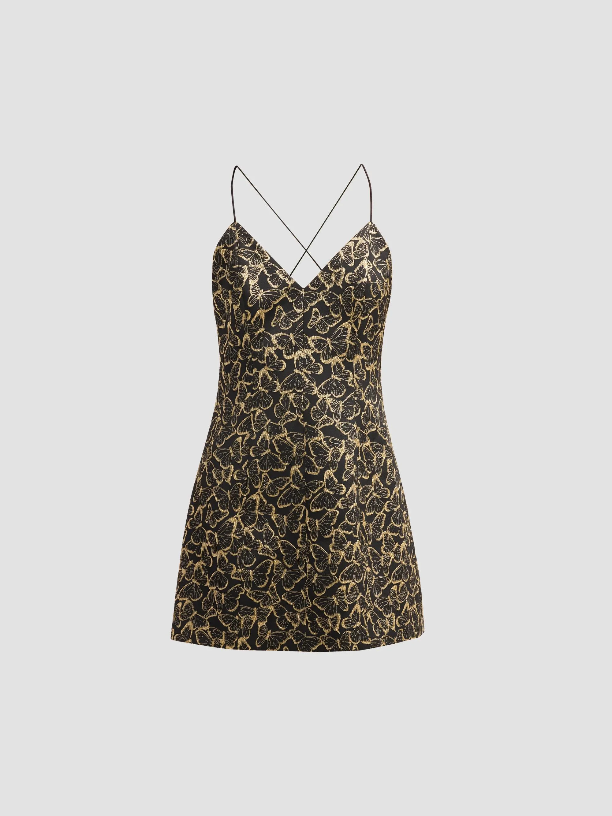 Women's Tayla Butterfly-Print V-neck Mini Dress - Black Gold - 1