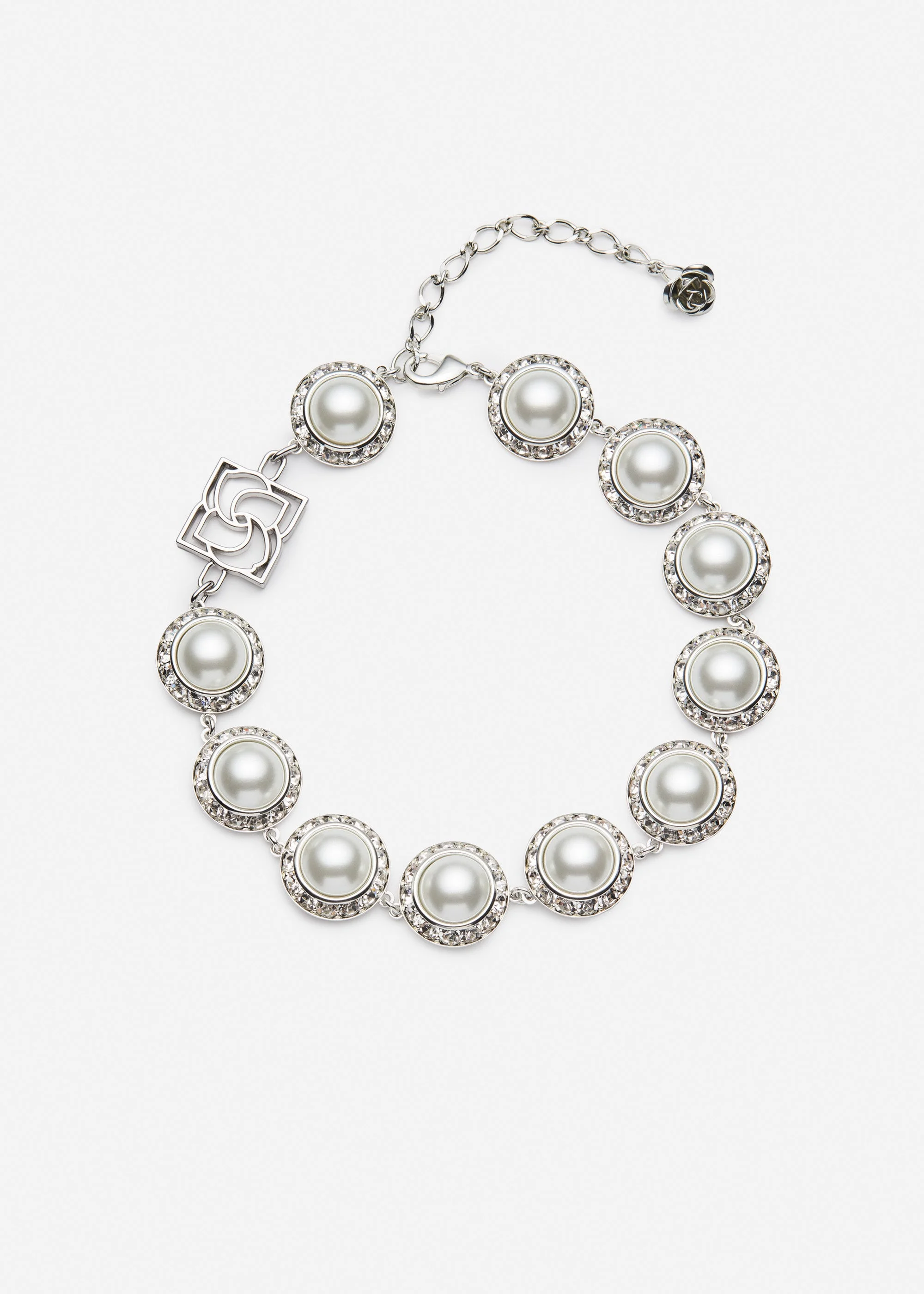 Pearl and crystal link necklace in silver - 1