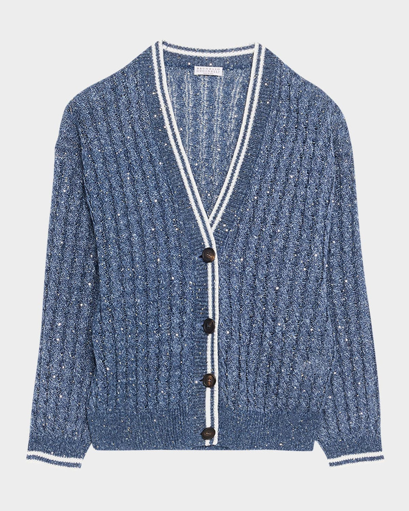 Linen Dazzling Cable Open-Knit V-Neck Cardigan 1