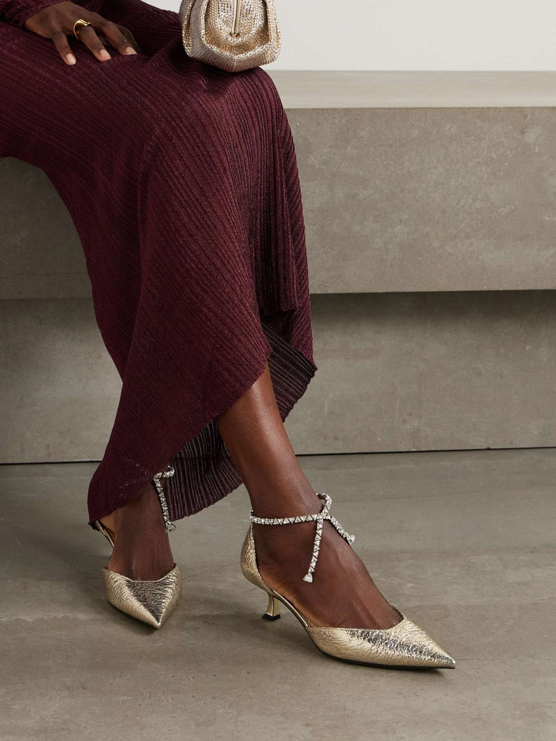 JIMMY CHOO Stevie 50 crystal-embellished metallic textured-leather pumps outlook