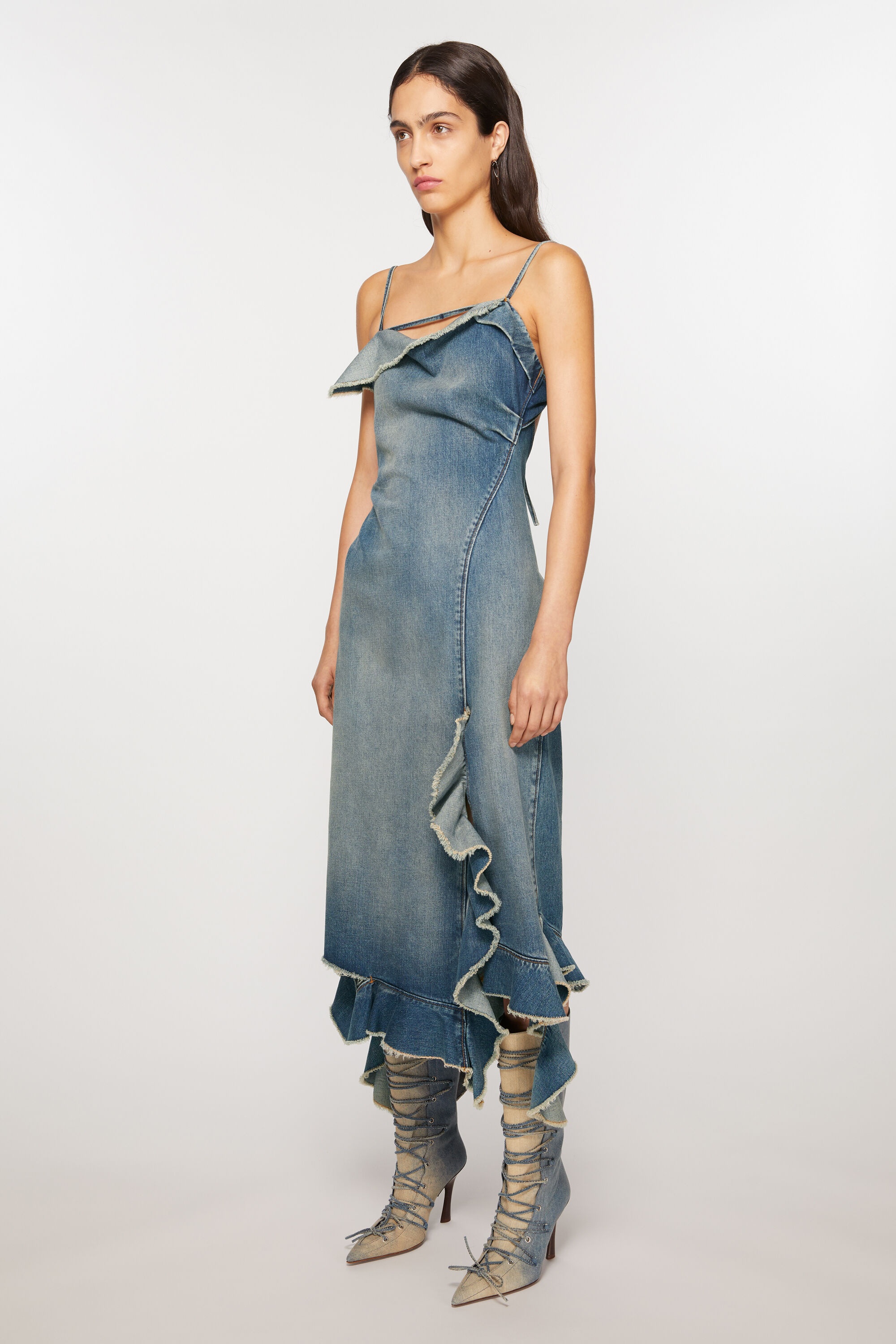 Ruffle strap denim dress - Mid Blue - 3