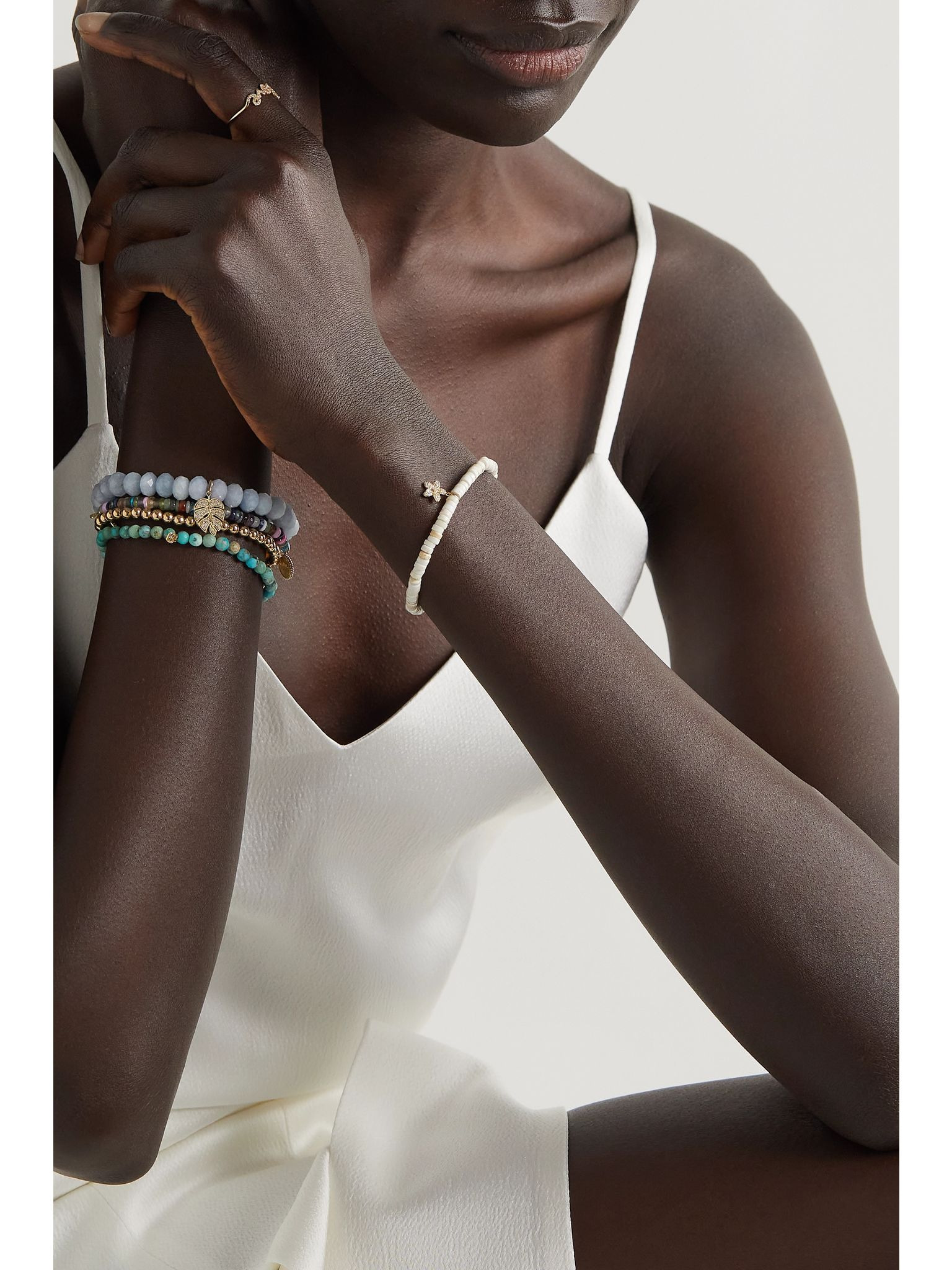 Small Plumeria 14-karat gold, turquoise and diamond bracelet White - 4