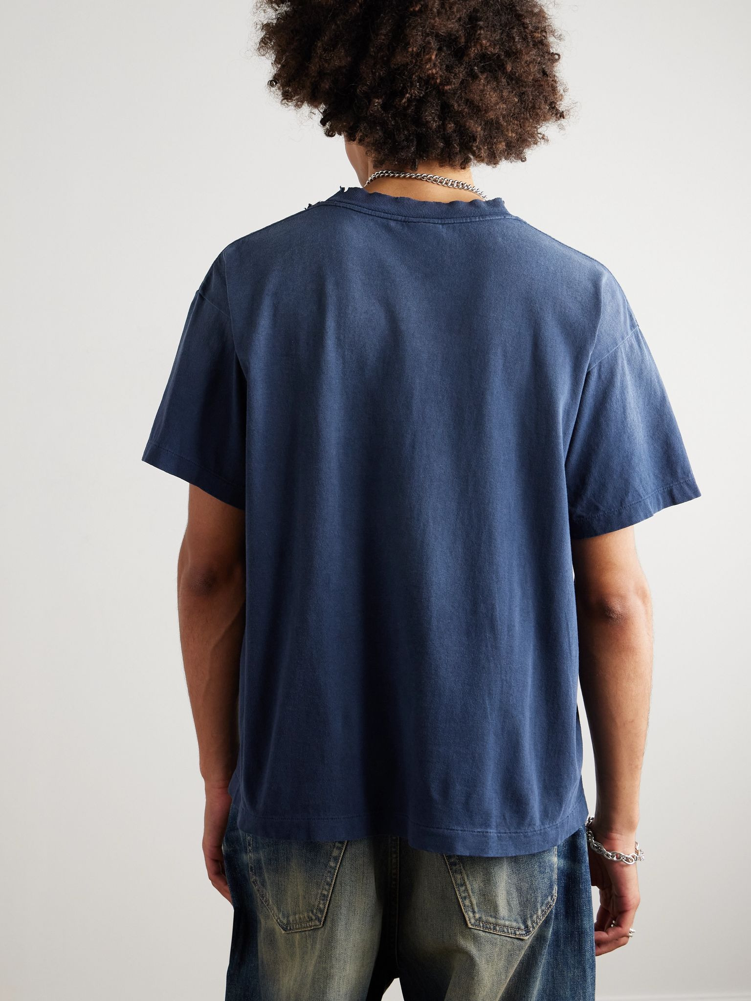 + Neighborhood Distressed Logo-Print Cotton-Jersey T-Shirt Navy - 4