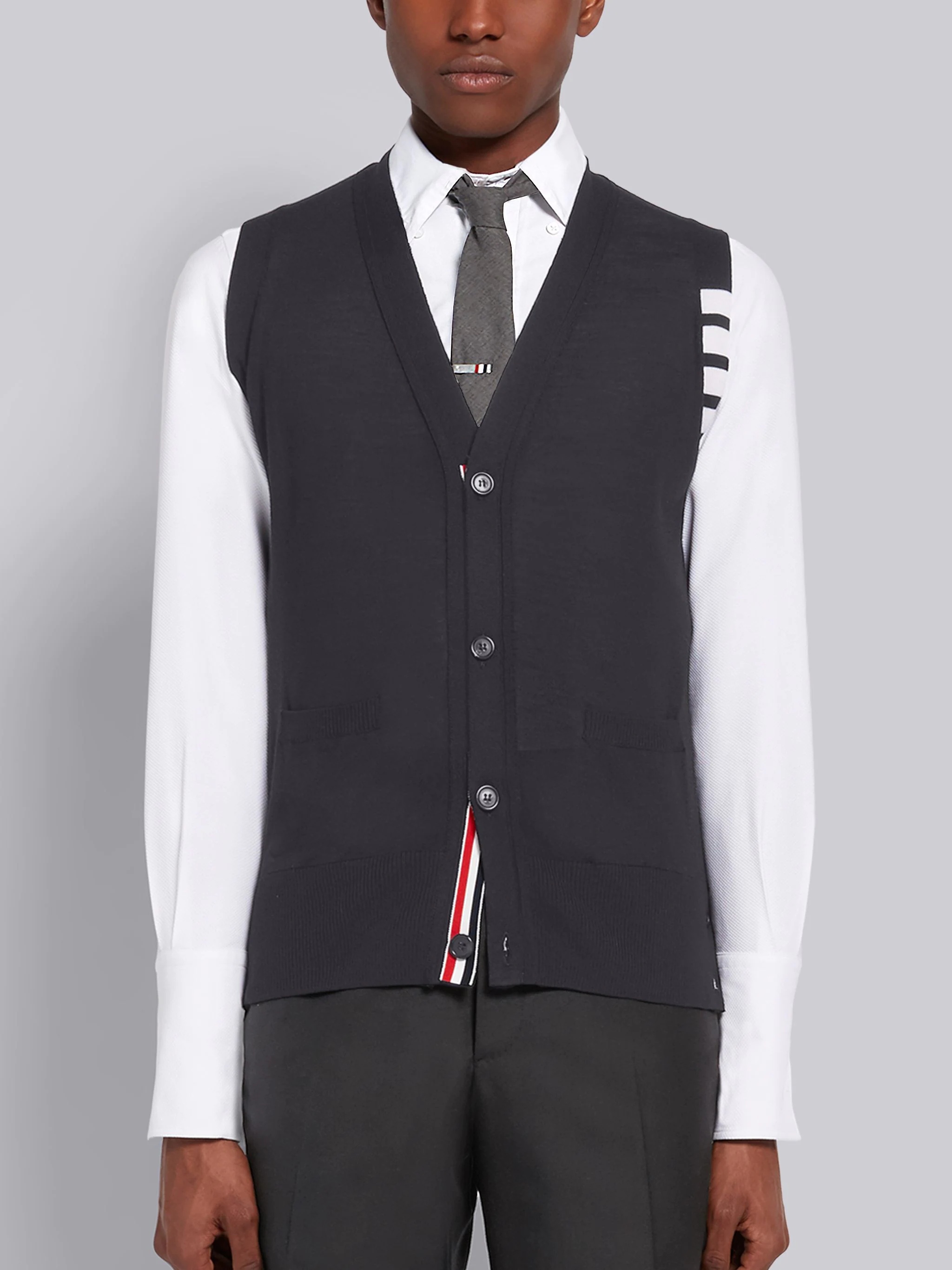 Dark Grey Finemerino Wool 4-bar V-neck Waistcoat - 1