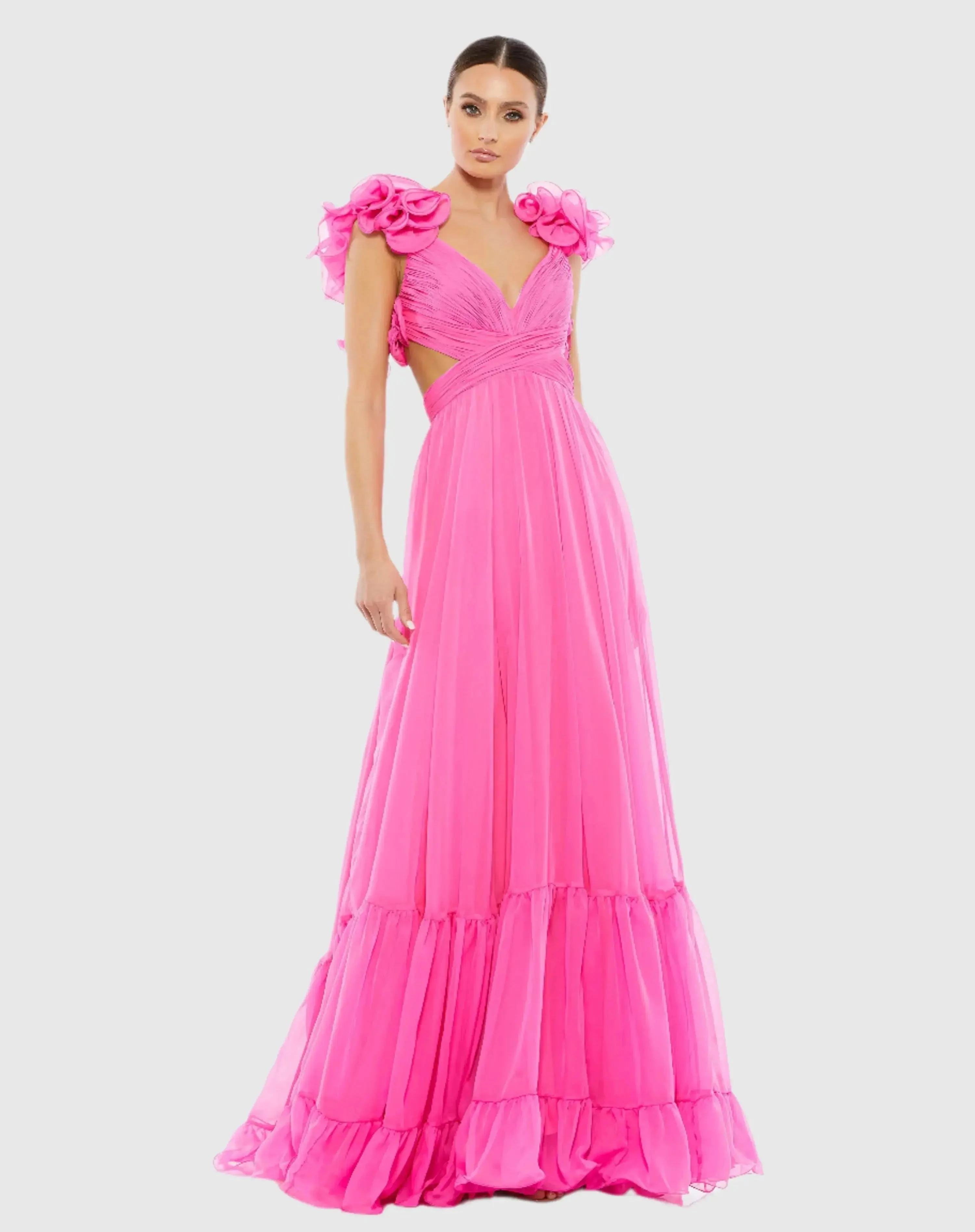 Dark Pink Ruffle Tiered Cut-Out Chiffon Gown - 1