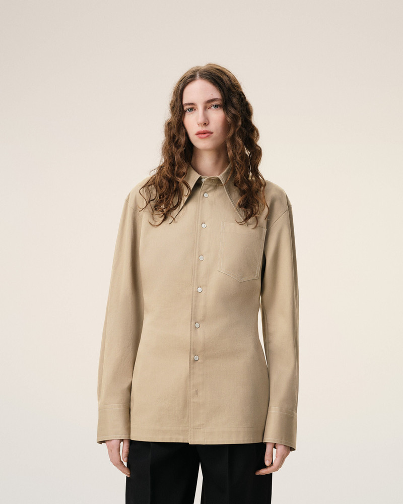 BEIGE COTTON SHARP COLLAR FITTED SHIRT 3